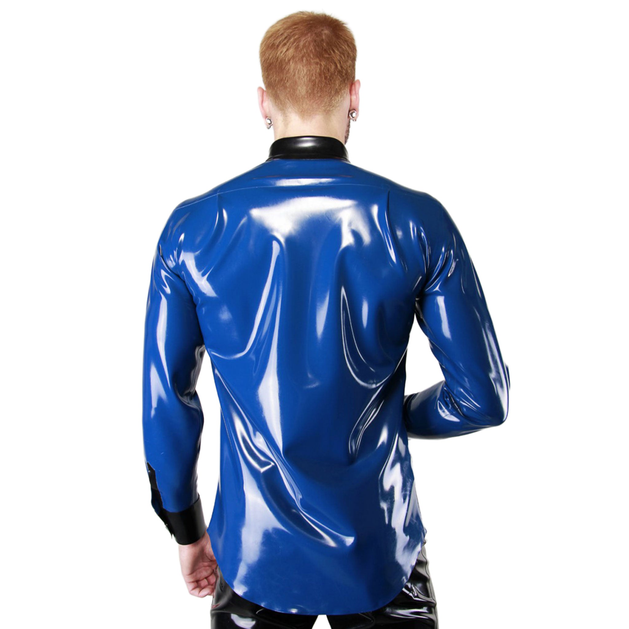 Latex rubber apparel top shirt dress-shirt latex-shirt long-sleeve longsleeve sleeves sleeved long breast-pocket pointed-collar collared-shirt button-up button-placket button-cuffs wide-cuffs snap-button press-stud studs studded front-closure shiny glossy reinforced elegant fashionable smart fetish fashion alt-fashion alternative fetishwear clubwear kink kinky kinkwear costume cosplay halloween male masculine masc mens menswear guys dudes blue nightshade-blue black