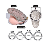 stainless steel chainmail chastity cage, male chastity device with ergonomic ring, detachable ring mesh cage, BDSM male chastity accessory, durable stainless steel cock cage, adjustable chastity cage for kink play