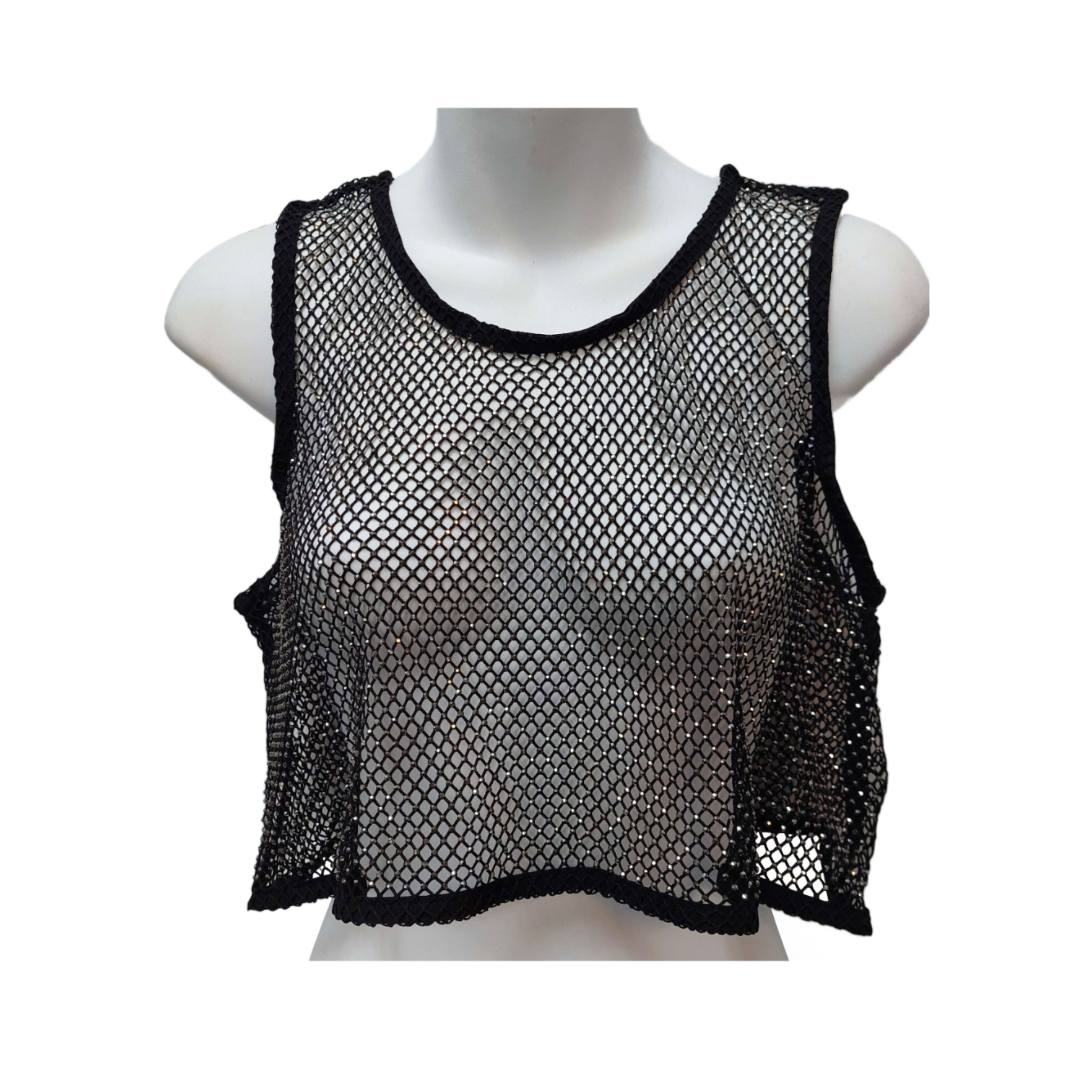 Rhinestone crop top, black fishnet, loose fit, unisex fashion, festival outfit, clubwear, statement piece.