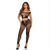 black sheer crop top leggings set lace up cut out O/S footless tights Fetish Factory