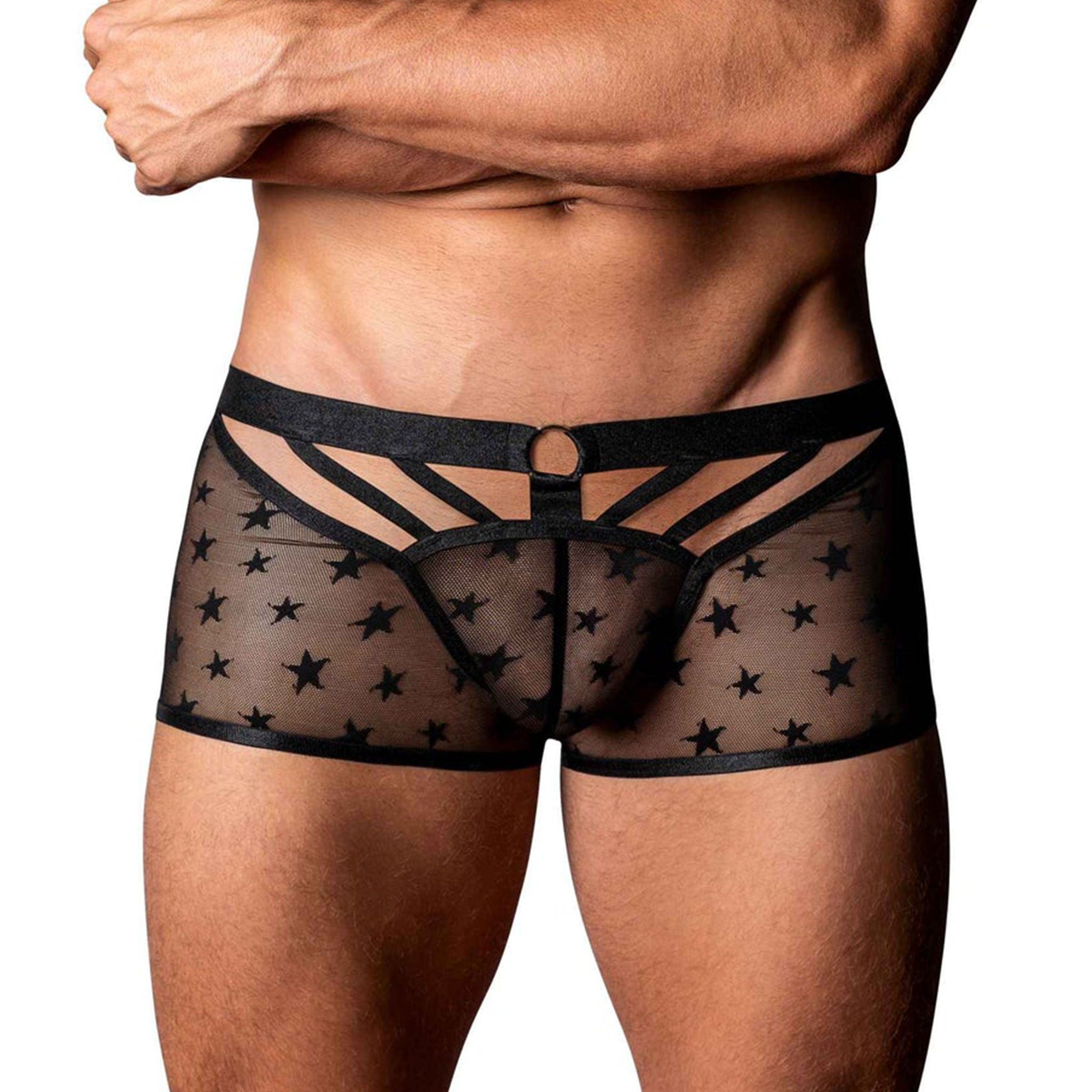 Spandex polyamide underwear lingerie shorts briefs boxer-briefs mesh stretchy breathable pouch roomy uplifing star-pattern O-ring elastic love star mens erotic black