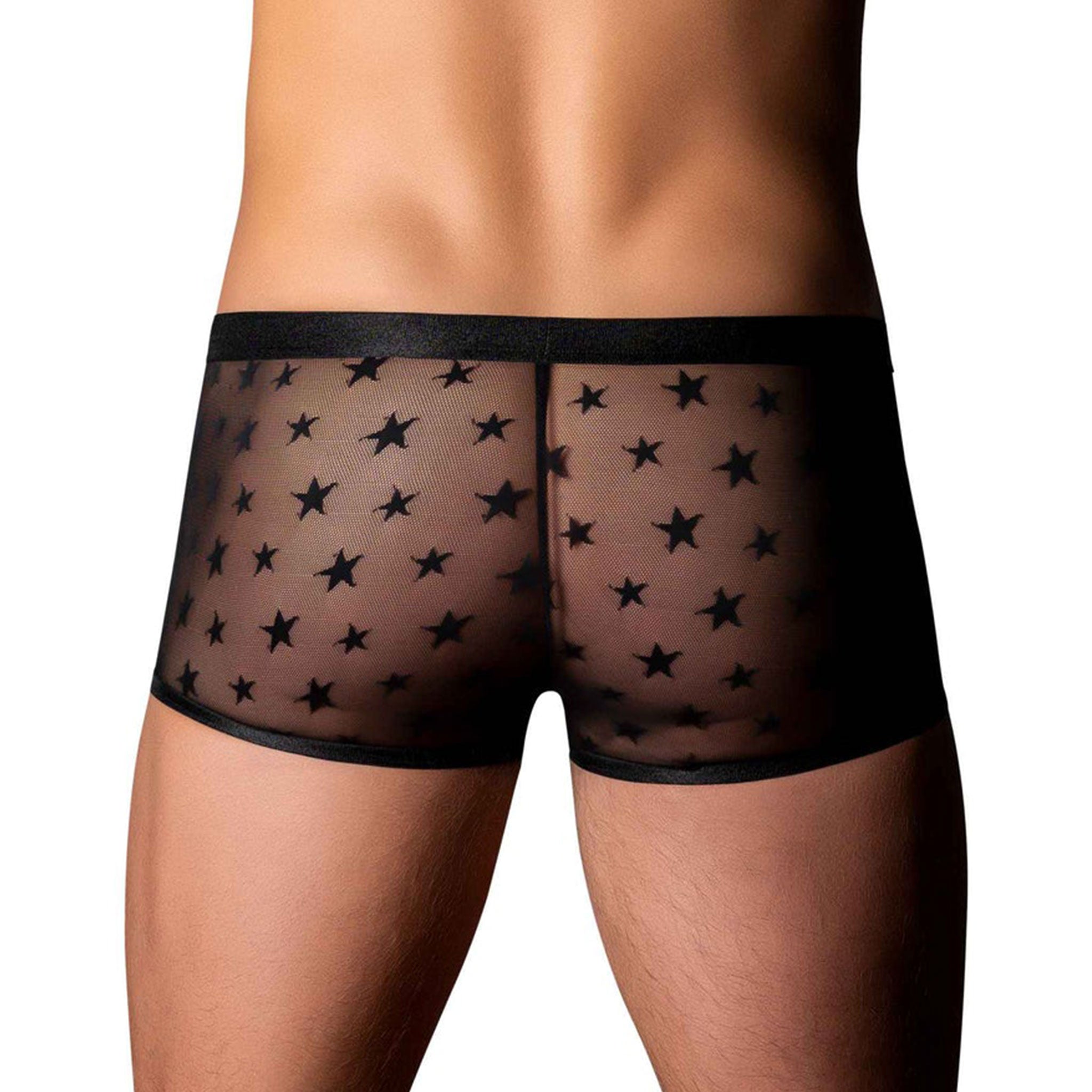 Spandex polyamide underwear lingerie shorts briefs boxer-briefs mesh stretchy breathable pouch roomy uplifing star-pattern O-ring elastic love star mens erotic black