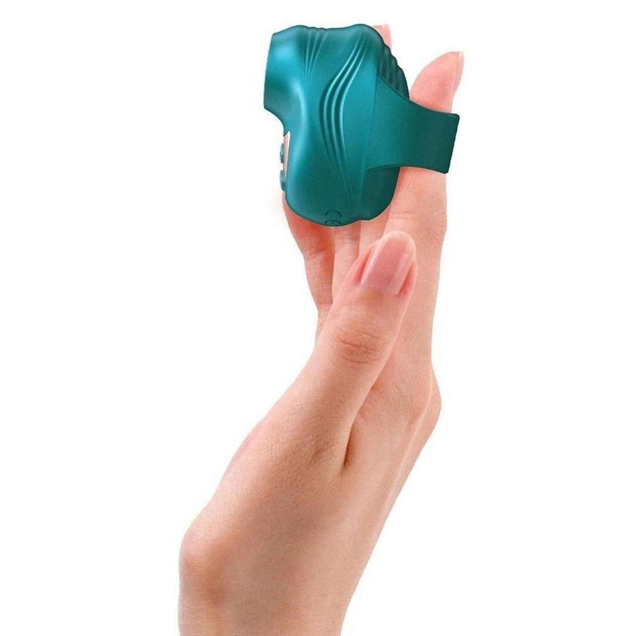 Silicone vibrator vibe vibrating vibration finger-mounted finger-vibe index-finger clit clitoris clitoral stim stimulator stimulating stimulation tapping tapper non-insertable intense travel-sized usb-rechargeable couples adult-toys iridescent teal