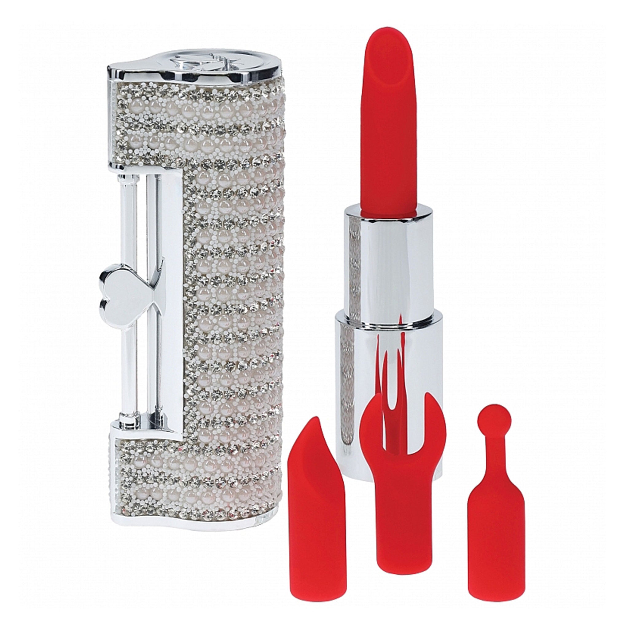 Silicone ABS-plastic metallic chain vibrator vibrating vibration vibe lipstick-case lipstick-vibe lipstick lipstick-shaped discreet disguised jewel-case silicone-head interchangeable wrench ballpoint ball-point chisel curved-chisel chain-tassel usb-rechargeable travel-sized luxury powerful discreet adult-toys valentines gifts clear silver chrome red