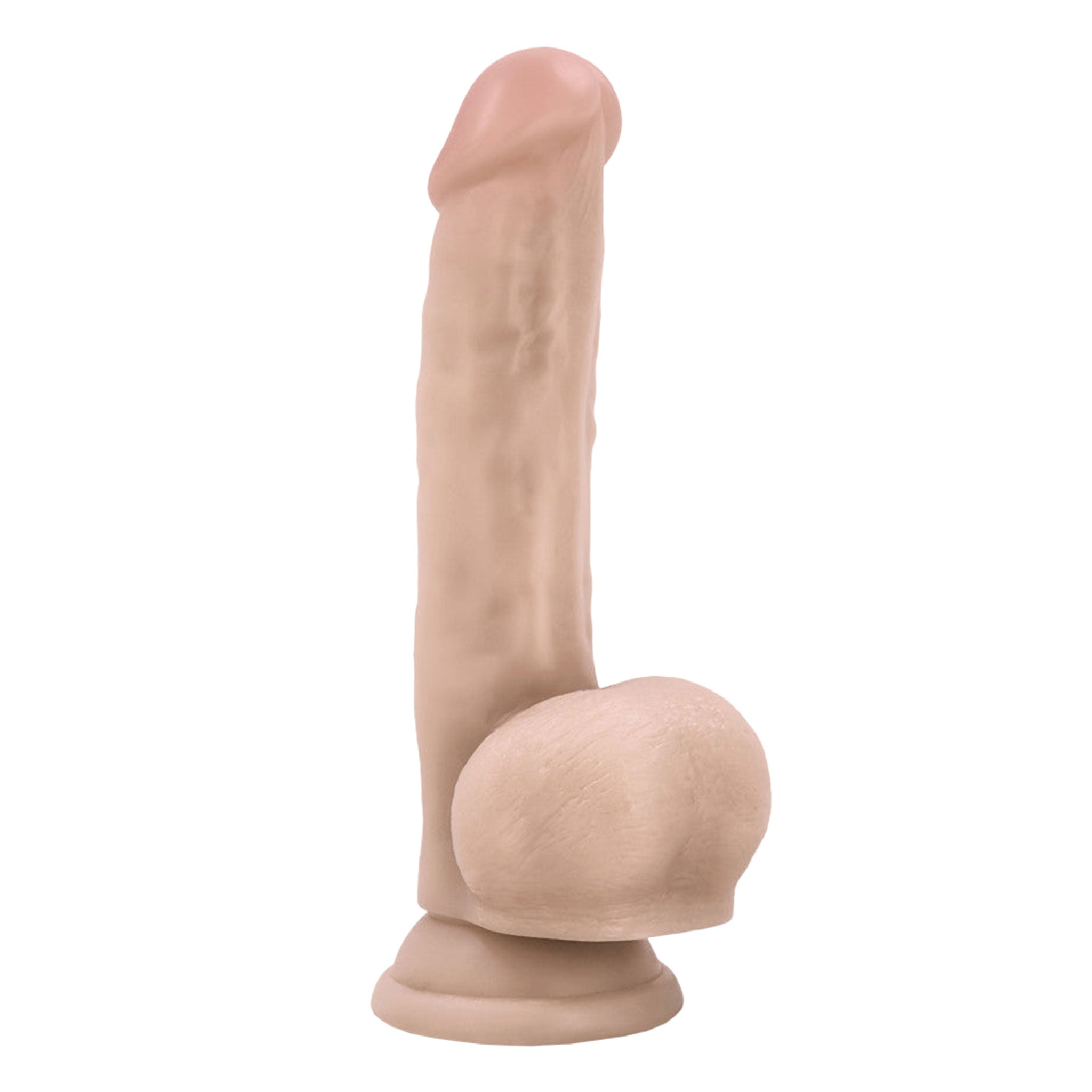 Realistic PVC dildo with balls, 8.5 inches, strap-on compatible, suction cup.