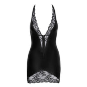 Polyamide elastane polyester wetlook polymer-coating dress mini mini-dress minidress lace lacy lace-trim front-zip half-zip zipper V-neck deep decollete halter neck halter-neck halterneck open-back sleeveless fetish fashion stretchy party sexy seductive black queen plus plus-size