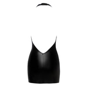 Polyamide elastane polyester wetlook polymer-coating dress mini mini-dress minidress lace lacy lace-trim front-zip half-zip zipper V-neck deep decollete halter neck halter-neck halterneck open-back sleeveless fetish fashion stretchy party sexy seductive black queen plus plus-size