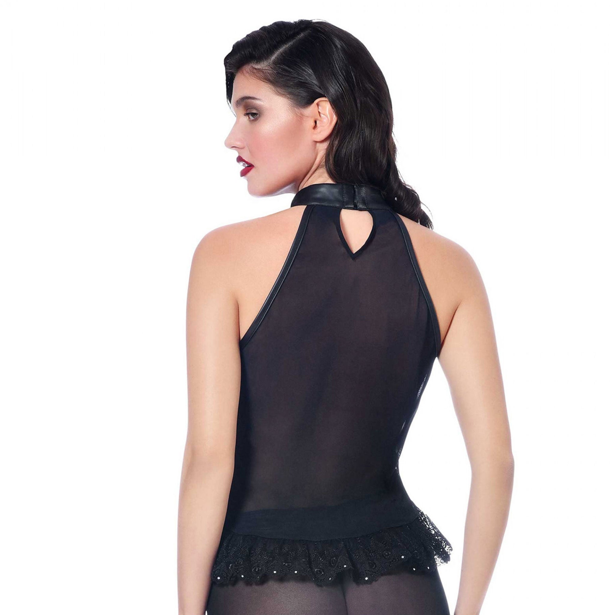 Wetlook mesh sheer transparent lace lacy lacing lace-up sleeveless top frilly frills collar neckline sleeveless stretchy hook-and-eye female feminine femme women black