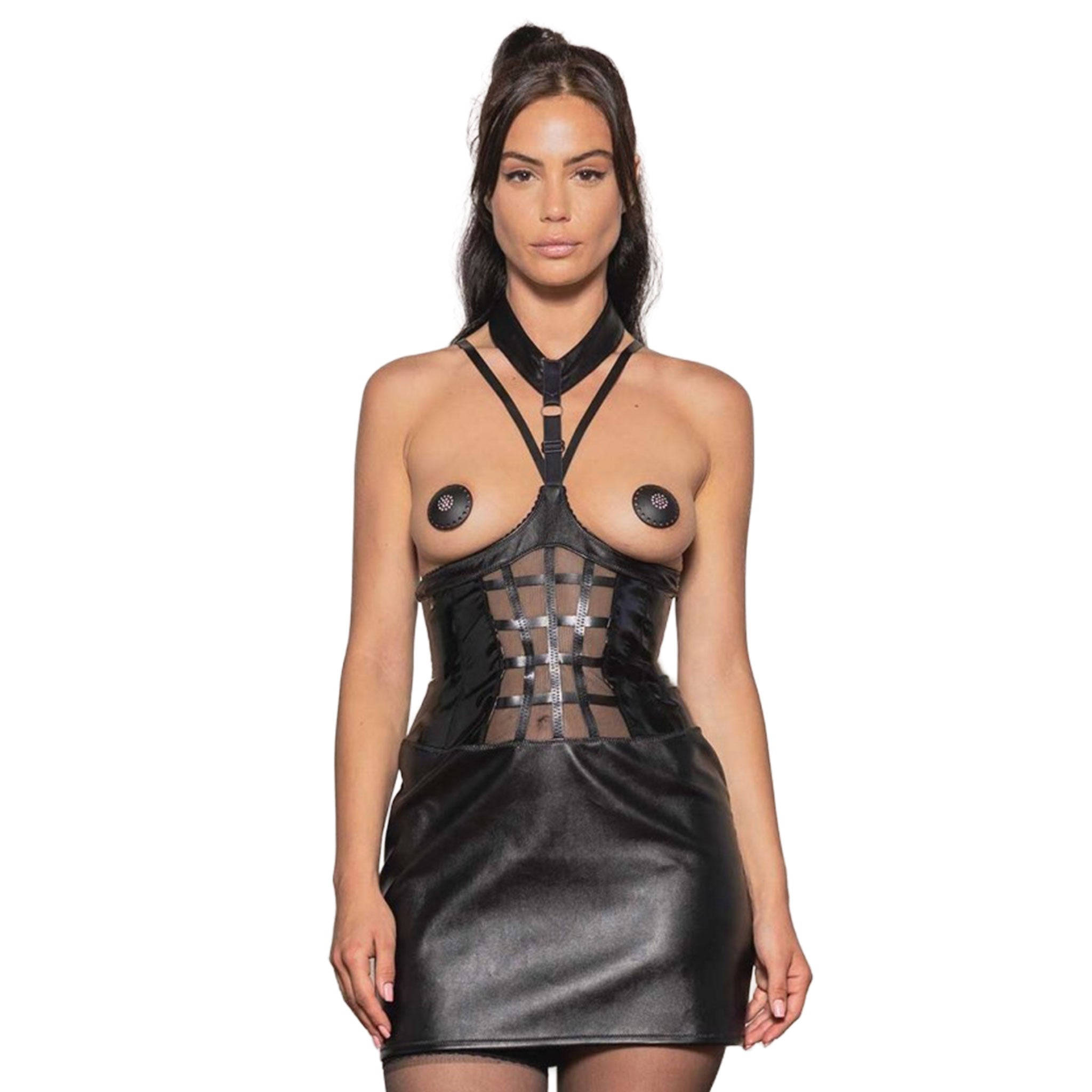 Wetlook leather faux-leather PVC polyester polyurethane elastane mesh apparel dress minidress mini-dress adjustable sleeveless straps zipper invisible-zip side-zip collar O-ring hook-and-eye open-bust open-chest topless caged-mesh eye-catching sexy matte-finish shiny glossy stretchy liberating fetish fashion alt-fashion alternative party kink kinky kinkwear female femme feminine womens black