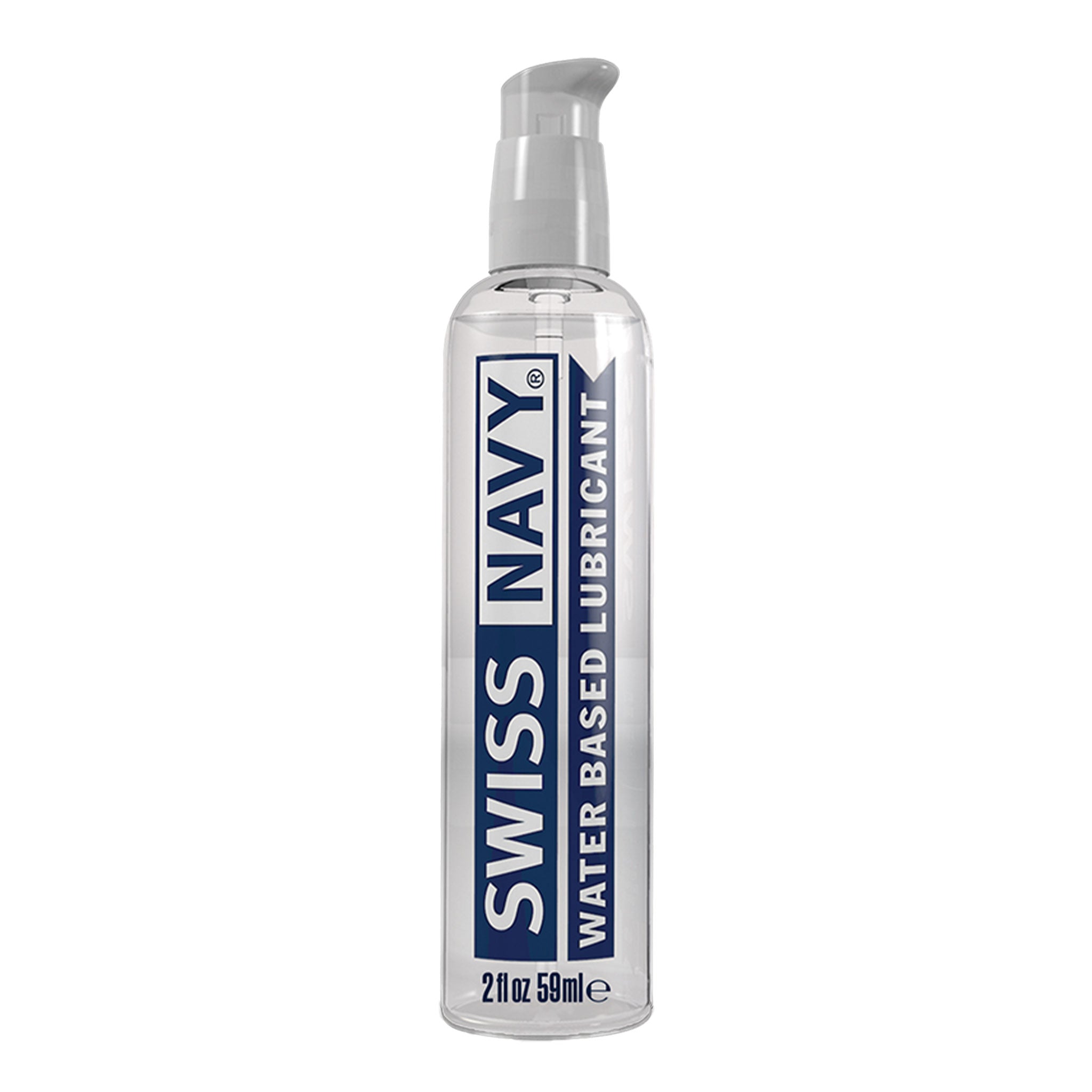 Swiss Navy Water-Based Lube bottle featuring a sleek pump design, providing smooth and long-lasting lubrication for intimate moments, compatible with all types of toys and safe for daily use.