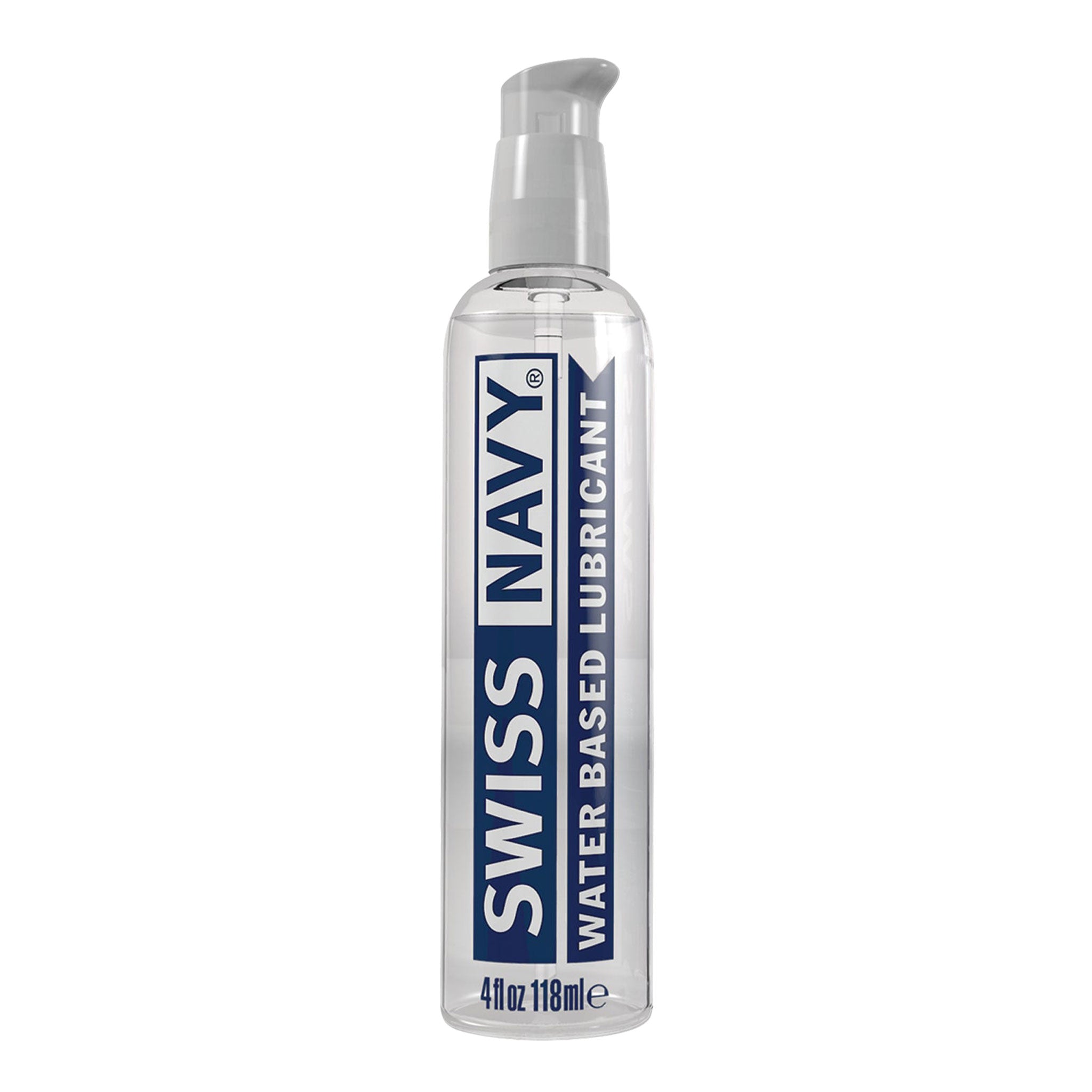 Swiss Navy Water-Based Lube bottle featuring a sleek pump design, providing smooth and long-lasting lubrication for intimate moments, compatible with all types of toys and safe for daily use.