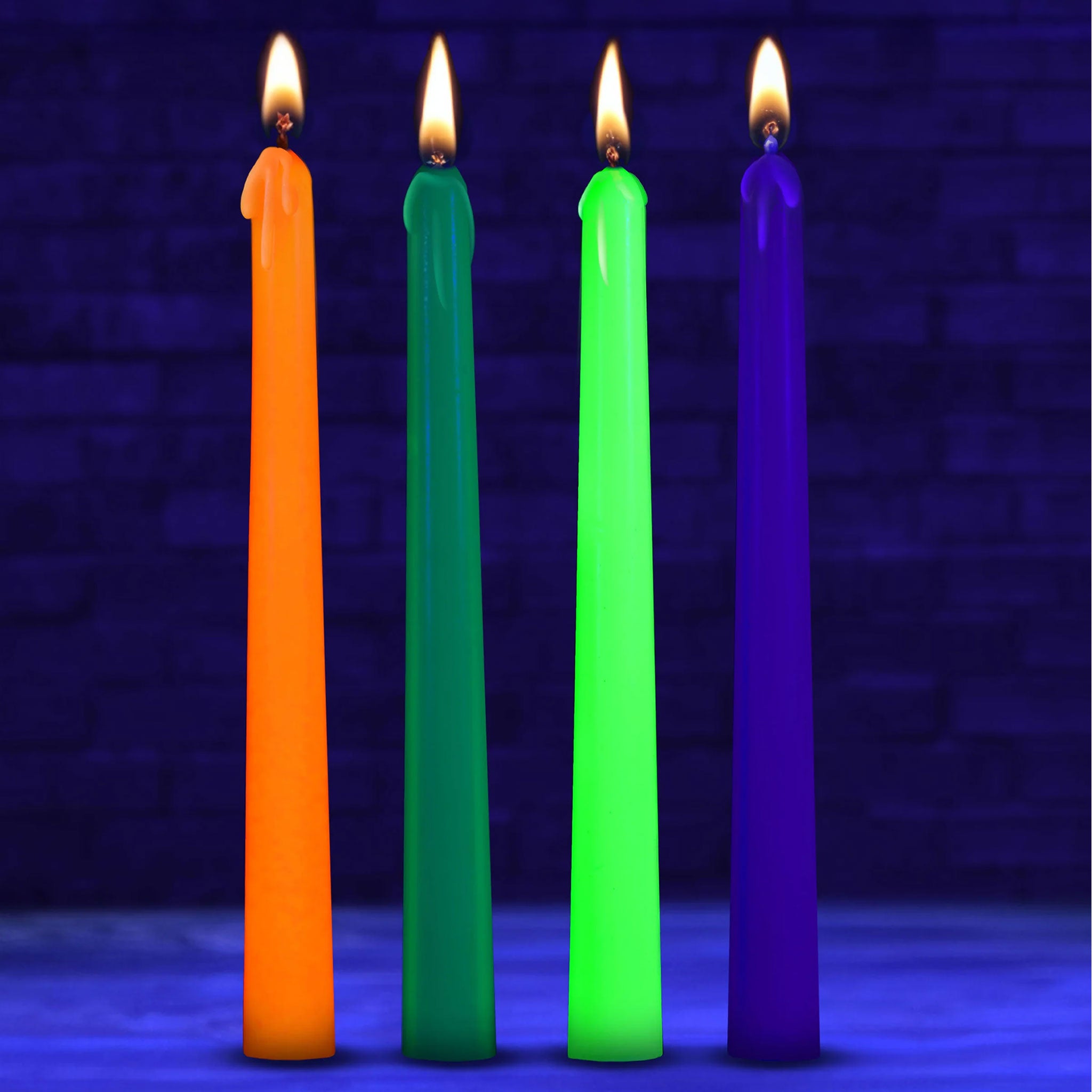 Candles melting wax drip dripping UV blacklight glow-in-the-dark sensory-play wax-play kink kinky kinky-play gift 4pc 4-piece four-piece adult-toys green blue yellow orange