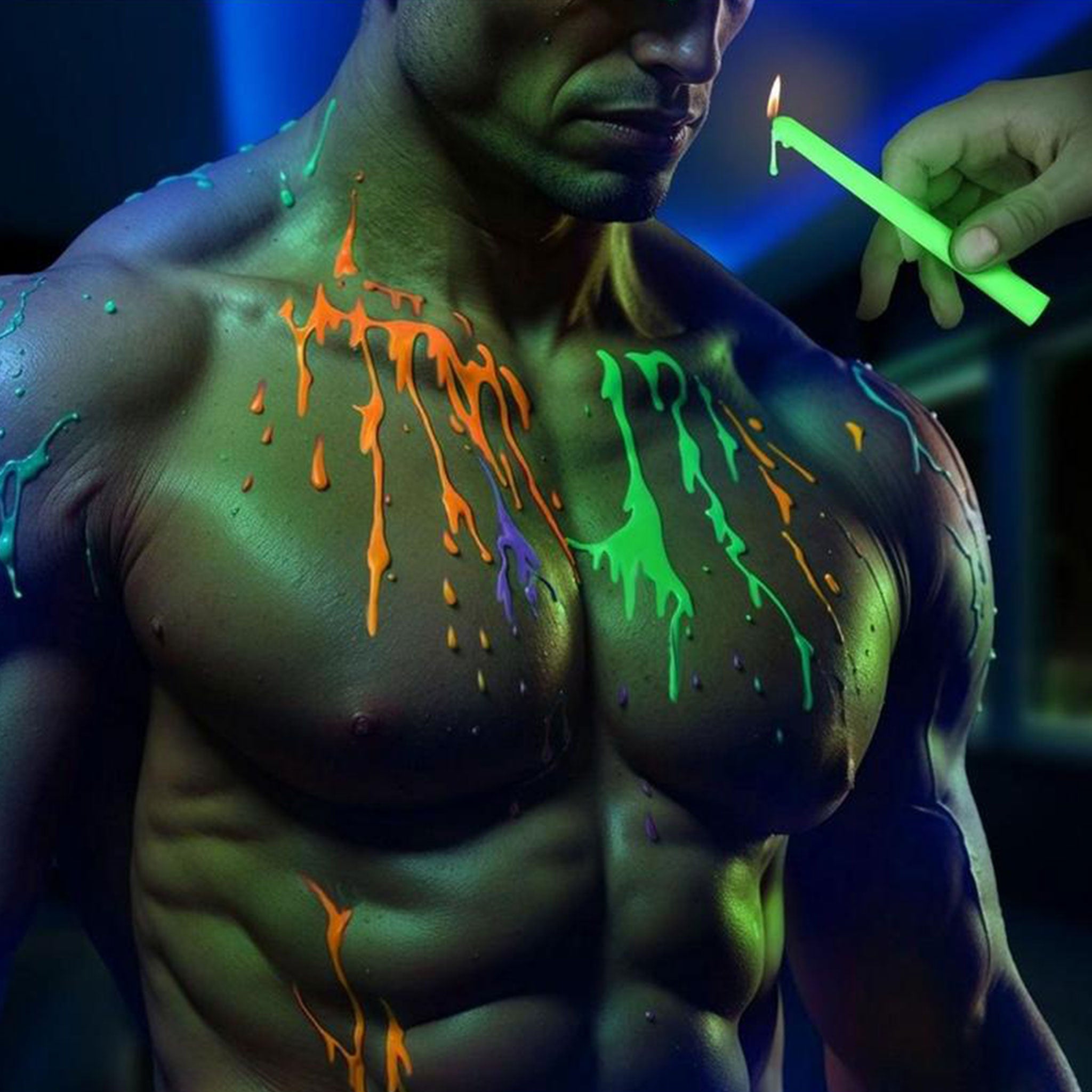 Candles melting wax drip dripping UV blacklight glow-in-the-dark sensory-play wax-play kink kinky kinky-play gift 4pc 4-piece four-piece adult-toys green blue yellow orange