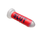 MS SLUT Silicone Dildo, red, clear, ribbed shaft, suction cup, strap-on compatible, body-safe silicone, BDSM toy.