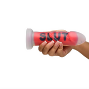 MS SLUT Silicone Dildo, red, clear, ribbed shaft, suction cup, strap-on compatible, body-safe silicone, BDSM toy.