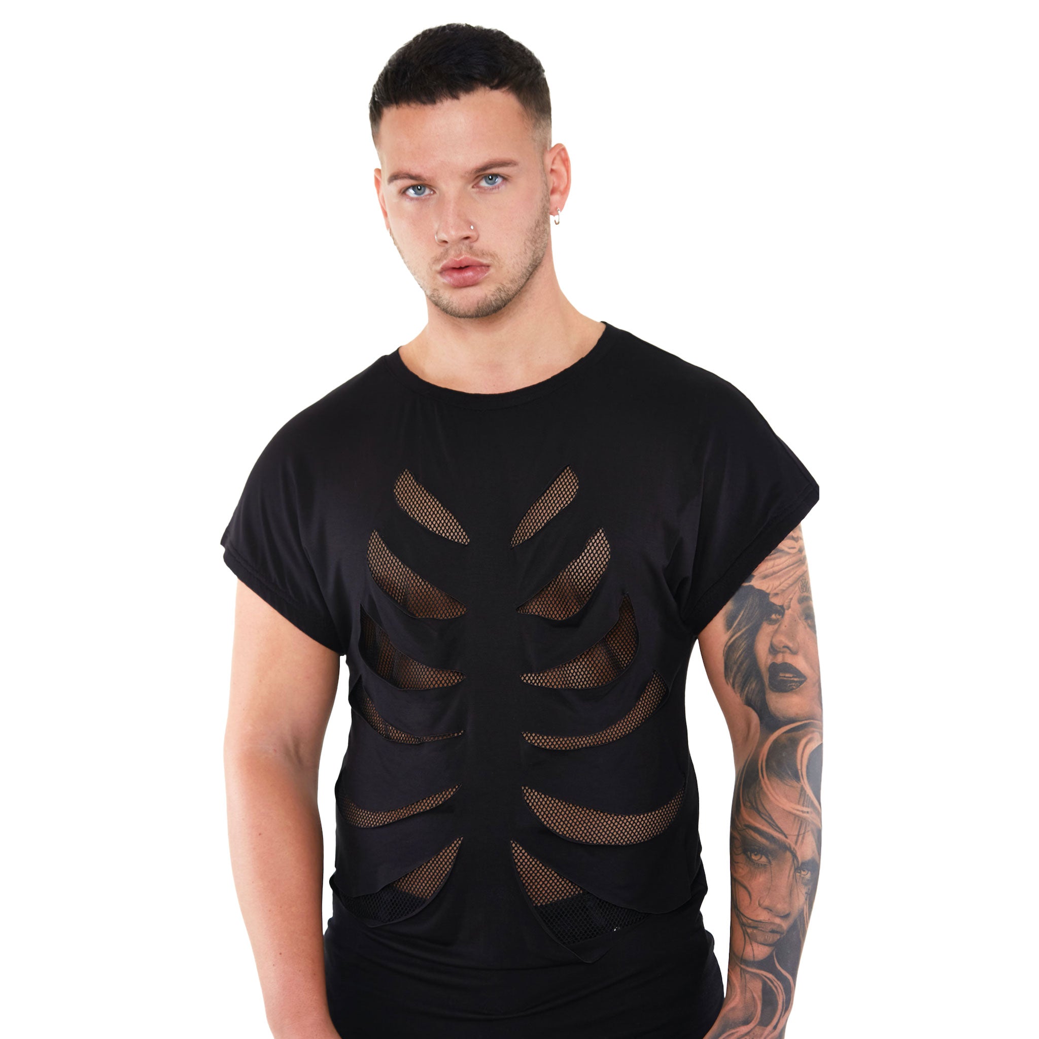 T-shirt tshirt short sleeve stretchy fishnet flare net rib cage slashed skeleton halloween black