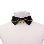 Soft Vegan Leather Crescent Moon D-ring Shirt Collar Choker- Black/Gold