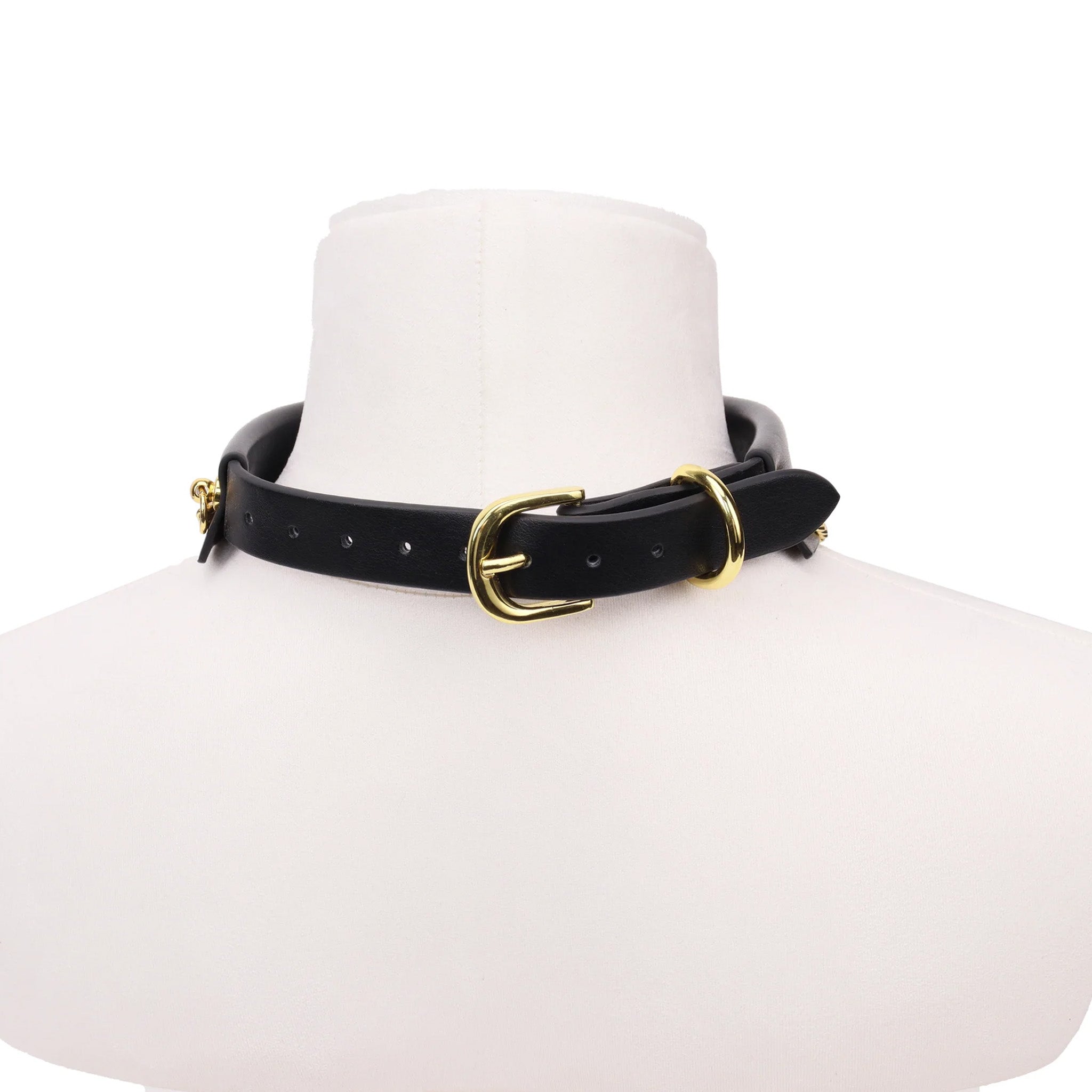 Soft Vegan Leather Crescent Moon D-ring Shirt Collar Choker- Black/Gold