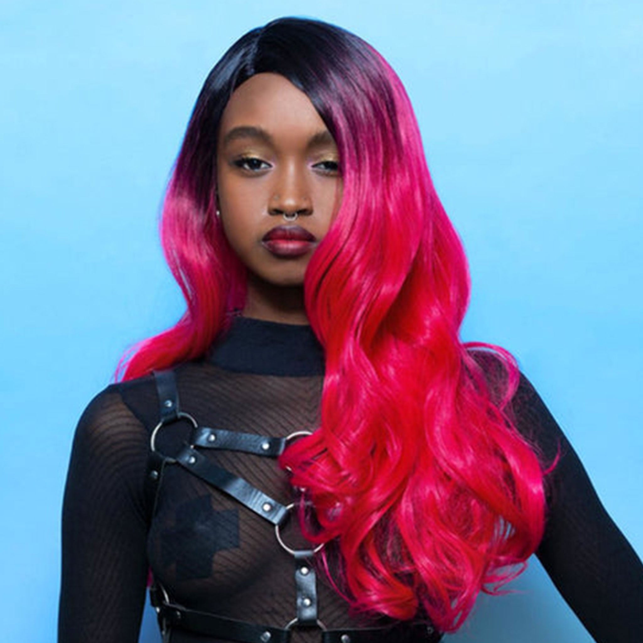 Synthetic polypropylene accessories head-gear wig fever-wig long curly side-part drop-curl heat-resistant fetish fashion alt-fashion alternative festival fantasy costume cosplay halloween halloween-accessories drag female femme feminine womens red red-black ombre