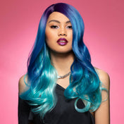 Synthetic polypropylene accessories head-gear wig fever-wig long curly side-part drop-curl heat-resistant fetish fashion alt-fashion alternative festival fantasy costume cosplay halloween halloween-accessories drag female femme feminine womens blue mermaid-blue ombre