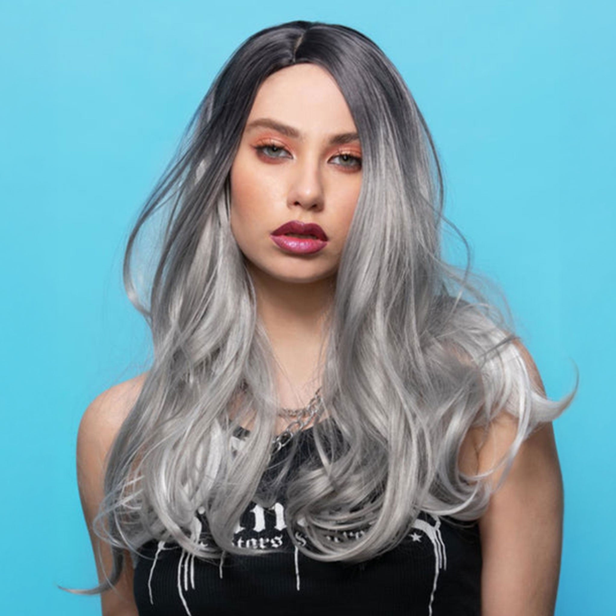 Synthetic polypropylene accessories head-gear wig fever-wig long curly side-part drop-curl heat-resistant fetish fashion alt-fashion alternative festival fantasy costume cosplay halloween halloween-accessories drag female femme feminine womens gray silver silver-gray ombre 