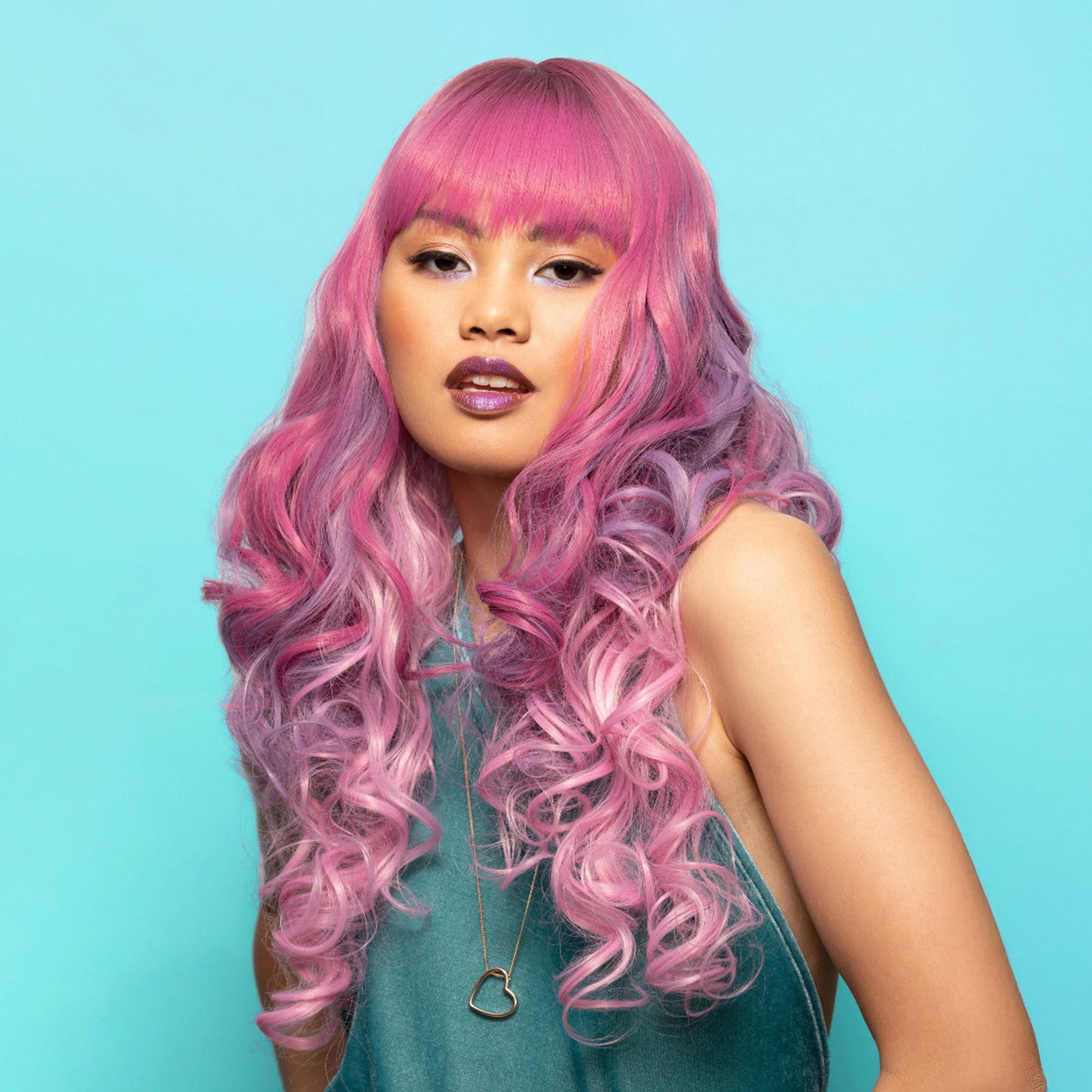 Synthetic-hair fever wig long wavy bangs curled-ends fringe siren manic-panic adjustable wig-cap heat-resistant styled styleable professional realistic costume cosplay accessories halloween head-gear head gear dusky-cauldron dusky-jewel pink rose lilac