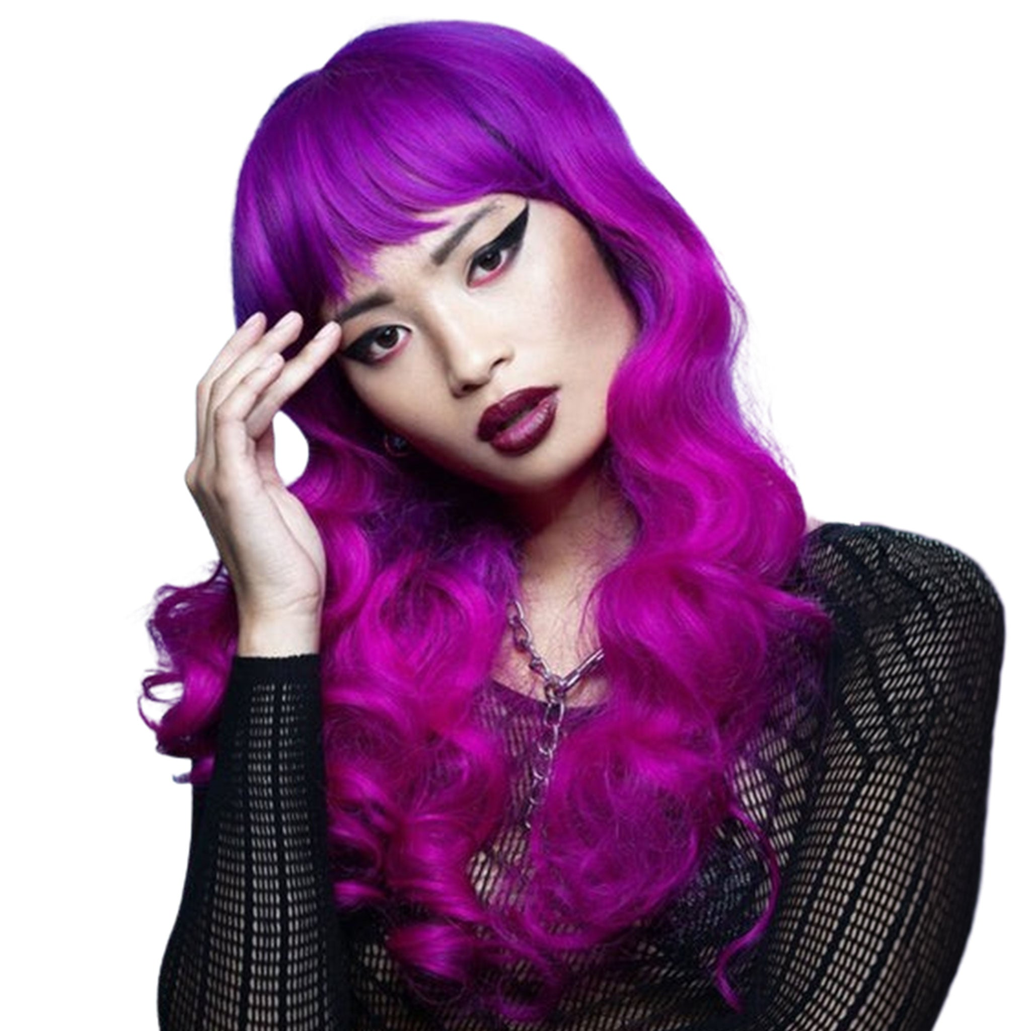 Polypropylene synthetic-hair accessories headgear wig fever-wig long curly long-hair curled-bangs comfortable heat-resistant easy-flowing fetish fashion alt-fashion punk goth gothic goth-doll cyber festival costume cosplay halloween halloween-acessories siren female femme feminine womens unisex eyekndy manic-panic smiffys purple fuchsia ombre blended-ombre