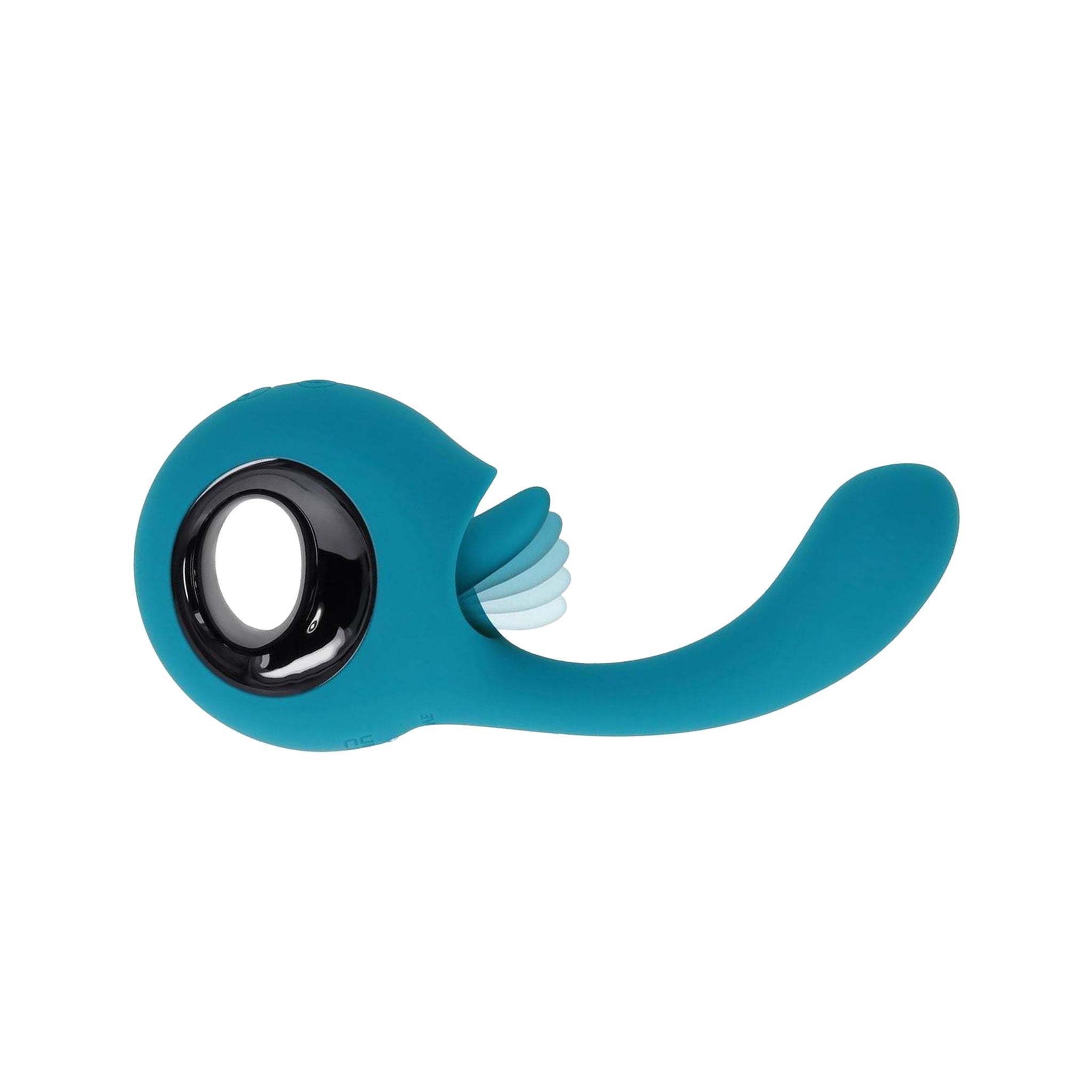 Silicone vibrator vibration vibe massager stimulator g-spot p-spot clit clitoris clitoral tongue lick licking flexible shaft angled head ringed handle ergonomic unique adult-toys blue teal turquoise
