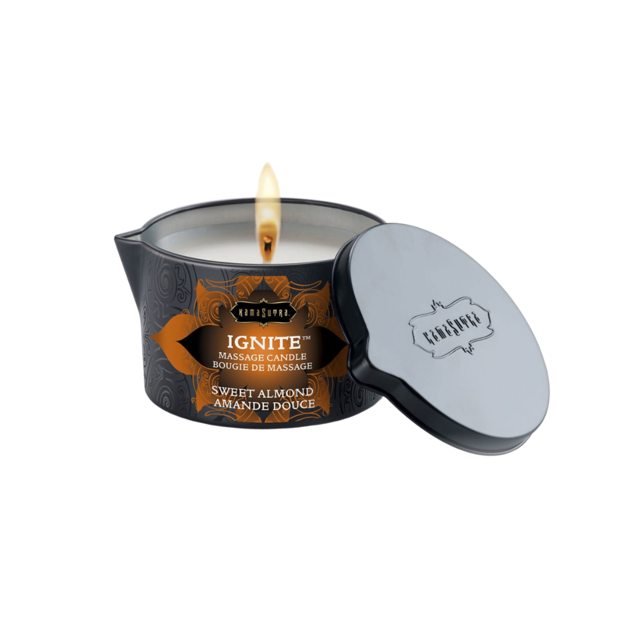 massage candle sweet almond, wax-free massage candle, coconut oil massage candle, shea butter massage candle, vitamin E massage candle, sweet almond scented candle, warm massage oil candle, sensual massage candle, Fetish Factory candles