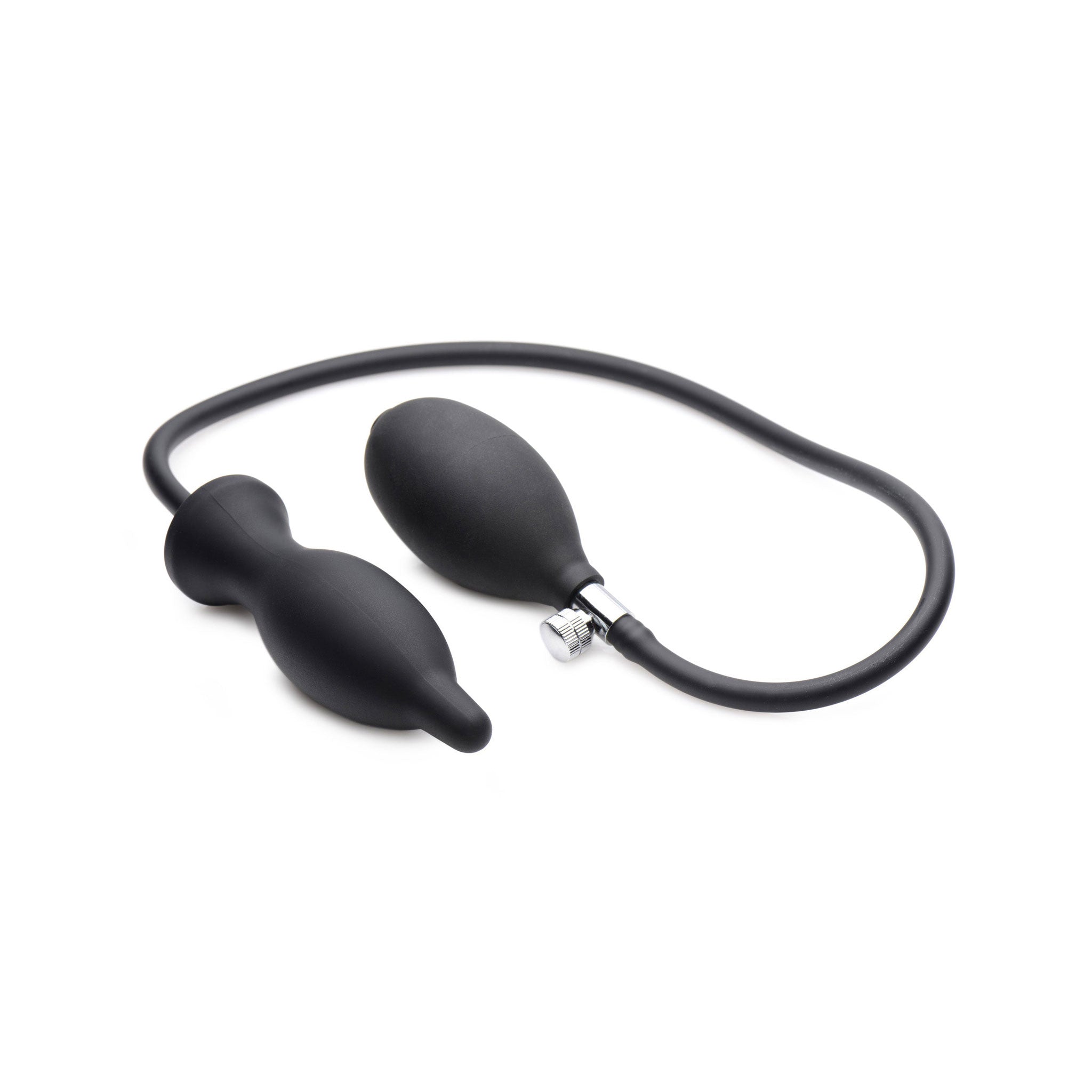 inflatable silicone anal plug black dark inflator master series with hand bulb pump, expandable anal toy for training, beginner to advanced inflation butt plug with quick release valve, black phthalate-free silicone anal gear Fetish Factory
