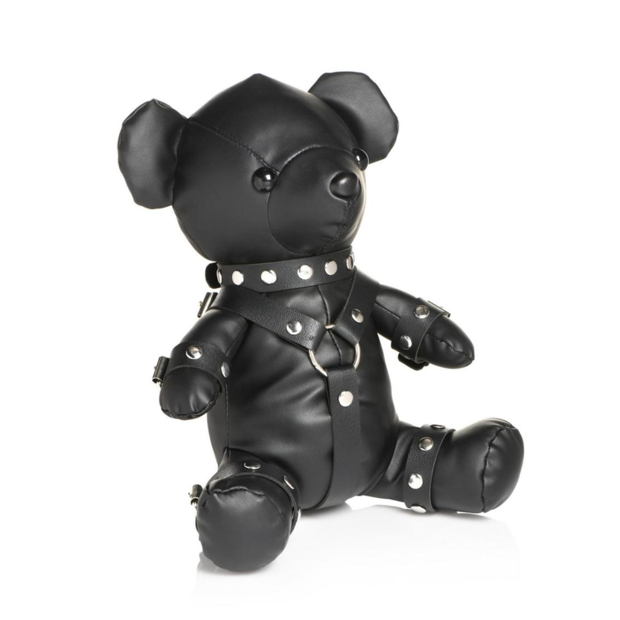 Master Series gimp bear in black harness, 10.5" tall.