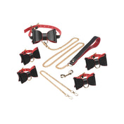 Leather faux-leather chain-leash restraints restraints-set 6pc 6-pc 6-piece collar adjustable buckle wrist-cuffs ankle-cuffs connectors trigger-clasp spring-clasp D-ring bowtie bow-tie leather-bow vegan-friendly sexy durable comfort sophisticated charming comfortable custom customizable bold fashion alt-fashion goth gothic bondage bondage-gear bdsm roleplay role-play costume cosplay anime-inspired transformation gifts holiday valentines valentines-day halloween adult-toys black red gold
