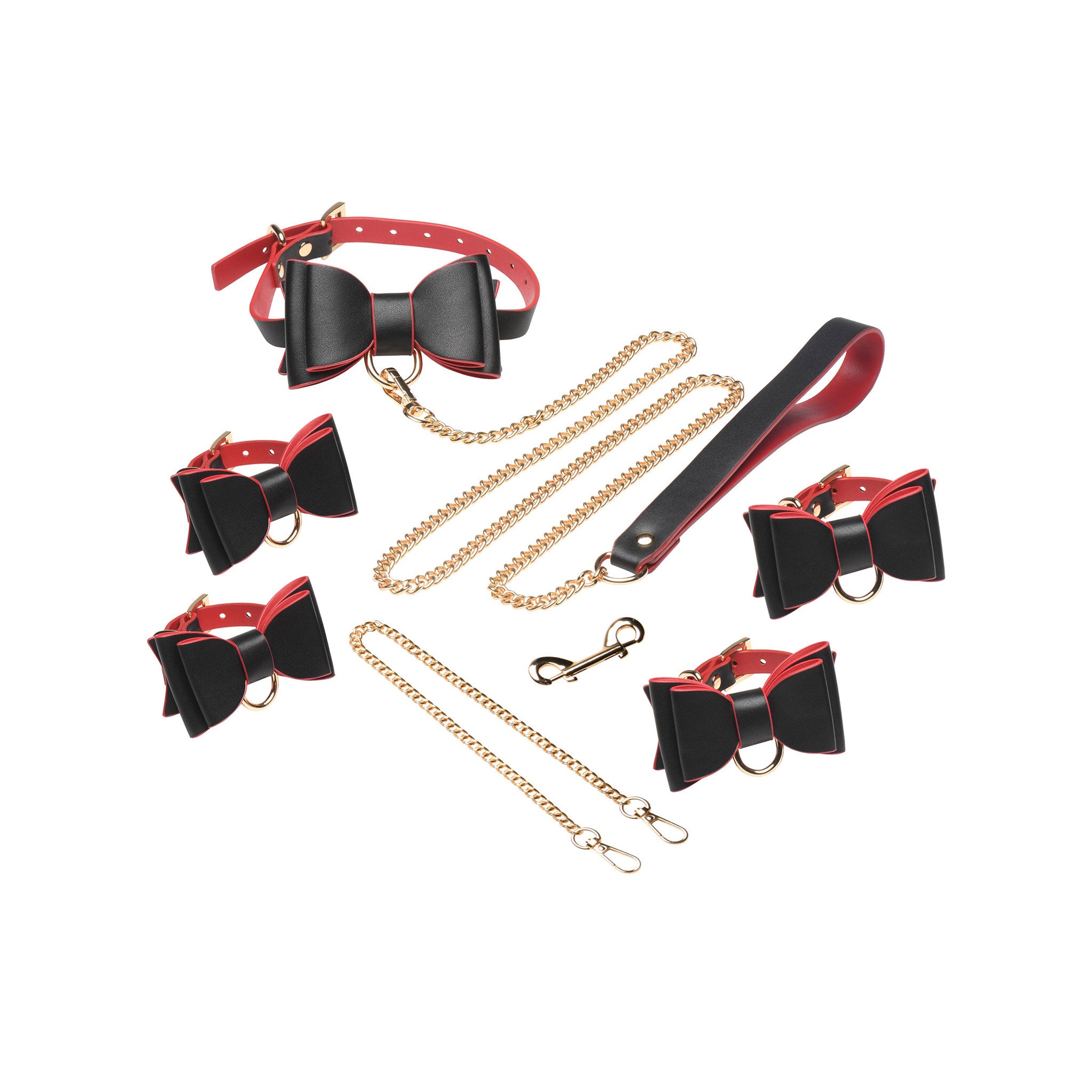 Leather faux-leather chain-leash restraints restraints-set 6pc 6-pc 6-piece collar adjustable buckle wrist-cuffs ankle-cuffs connectors trigger-clasp spring-clasp D-ring bowtie bow-tie leather-bow vegan-friendly sexy durable comfort sophisticated charming comfortable custom customizable bold fashion alt-fashion goth gothic bondage bondage-gear bdsm roleplay role-play costume cosplay anime-inspired transformation gifts holiday valentines valentines-day halloween adult-toys black red gold