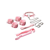 Leather faux-leather vegan-leather satin-bow satin fur-lining satin-ribbon ribbon-bow accessories restraints restraints-set 7pc 7-pc 7-piece collar chain-leash wrist-cuff ankle-cuff trigger-clasp connector flogger wrapped-leather adjustable buckle D-ring vegan-friendly snuggly soft comfortable custom customizable playful endearing lovely cozy cute kawaii bondage bdsm roleplay role-play impact impact-play costume cosplay gifts holiday valentines valentines-day adult-toys unisex pink