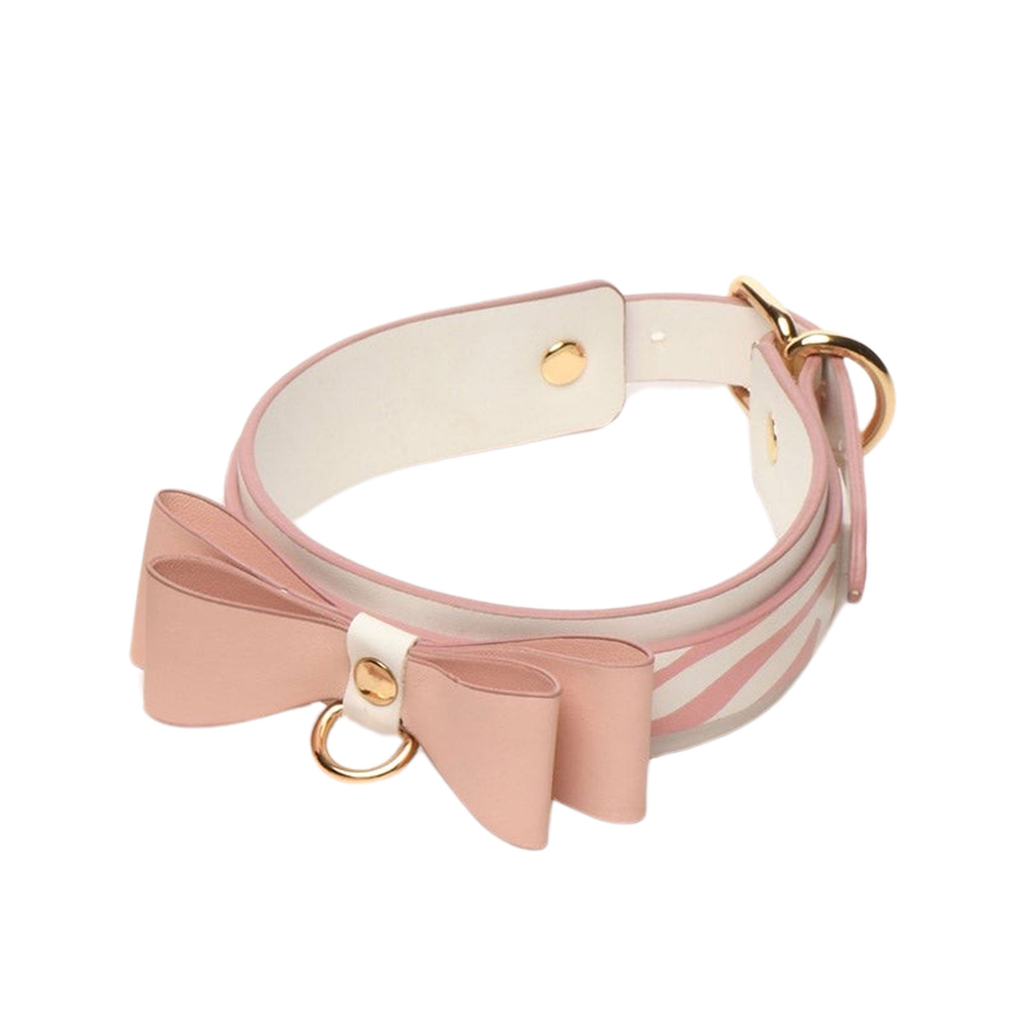 Leather vegan-leather nickel-free accessories collar choker double-bow adjustable buckle D-ring gold-plated fetish fashion alt-fashion bondage bdsm bdsm-gear bdsm-toys sub submission submissive dom domination domme dominatrix kink kinky kinky-toys kinkwear pet-play pet pet-training animal animal-print kitty kitten cat feline costume cosplay halloween unisex pink white