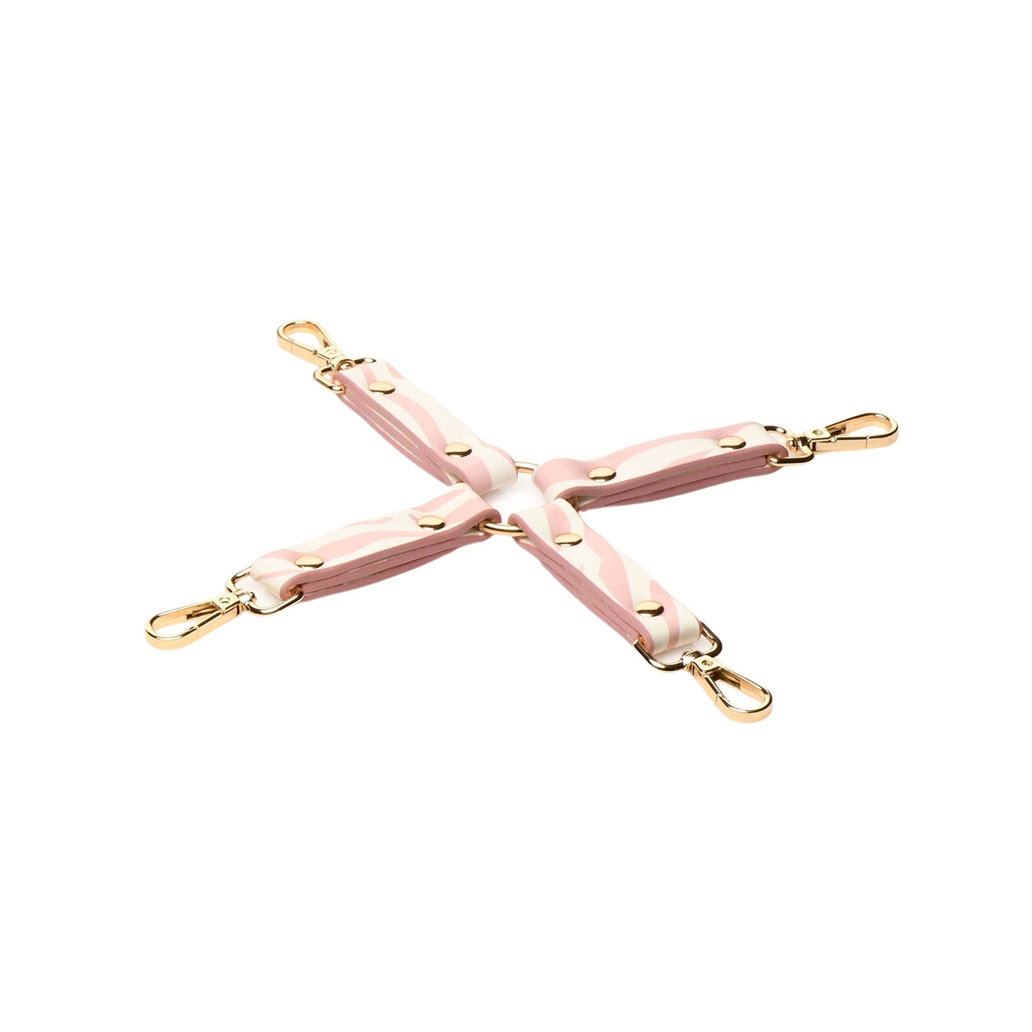Leather vegan metallic nickel-free hog-tie hogtie 4-way four-way cuff-connector spring-clasp double-ended O-ring bdsm bdsm-gear bondage bondage-gear kink kinky kinky-play pet-play adult-toys animal-print pink white stripes 