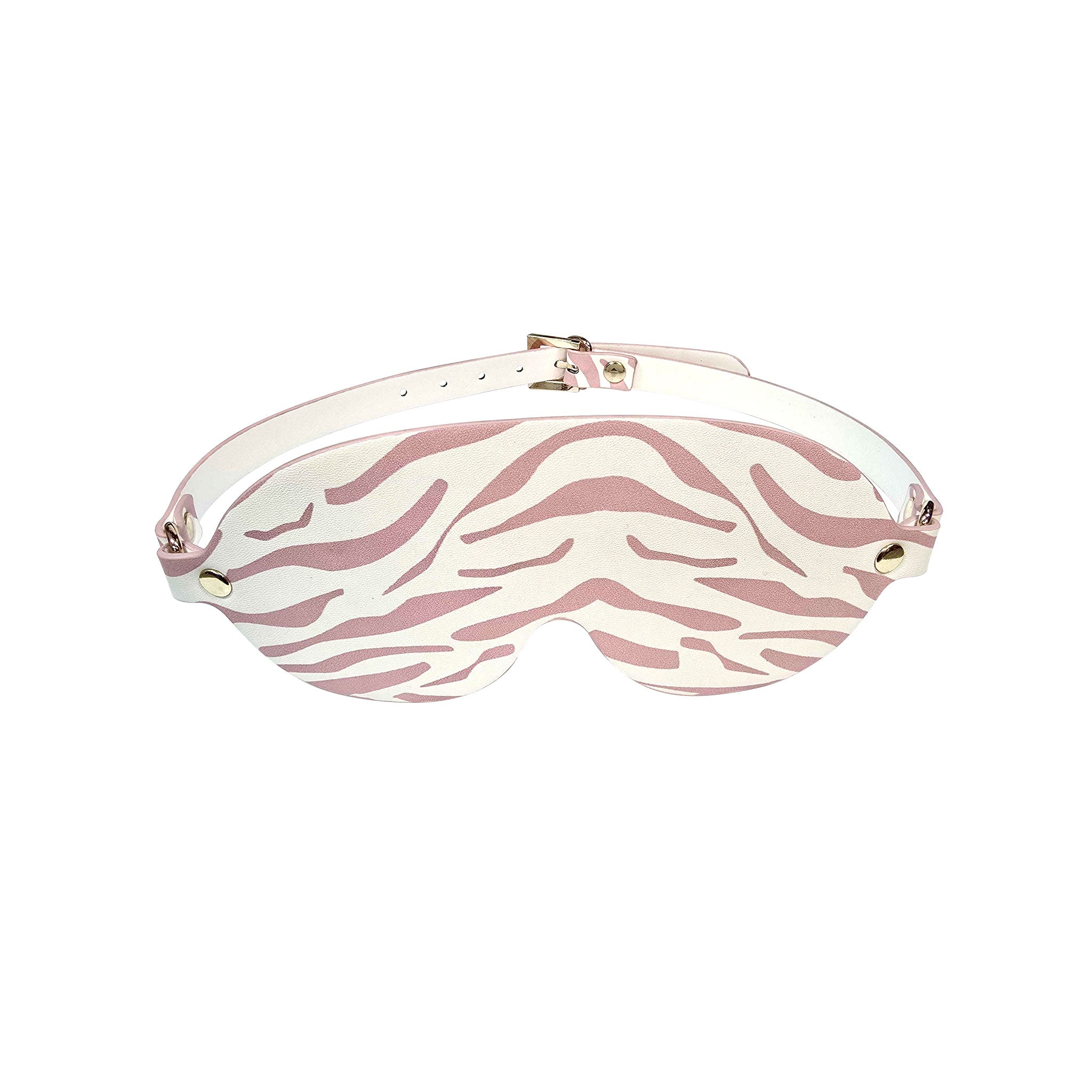 Leather vegan-leather blindfold eyemask eye-mask adjustable buckle sensation sensory-play fetish bdsm kink kinky kinky-play animal animal-play pet-play cat kitty kitten adult-toys white pink animal-print animal-stripes