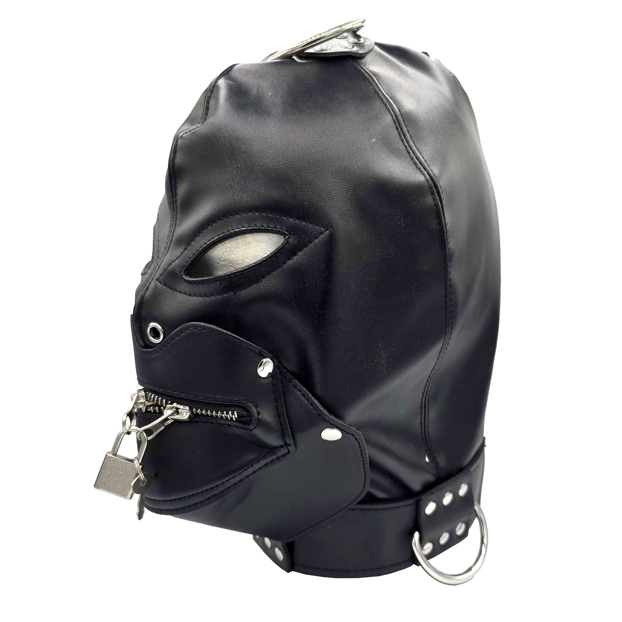 PVC vinyl hood mask anatomical adjustable buckle lace-up mouth cover removable snap-button zip zipper locking lockable padlock bondage bdsm bdsm-gear kink kinky play accessories black