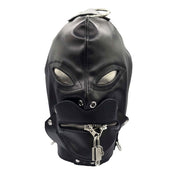 PVC vinyl hood mask anatomical adjustable buckle lace-up mouth cover removable snap-button zip zipper locking lockable padlock bondage bdsm bdsm-gear kink kinky play accessories black