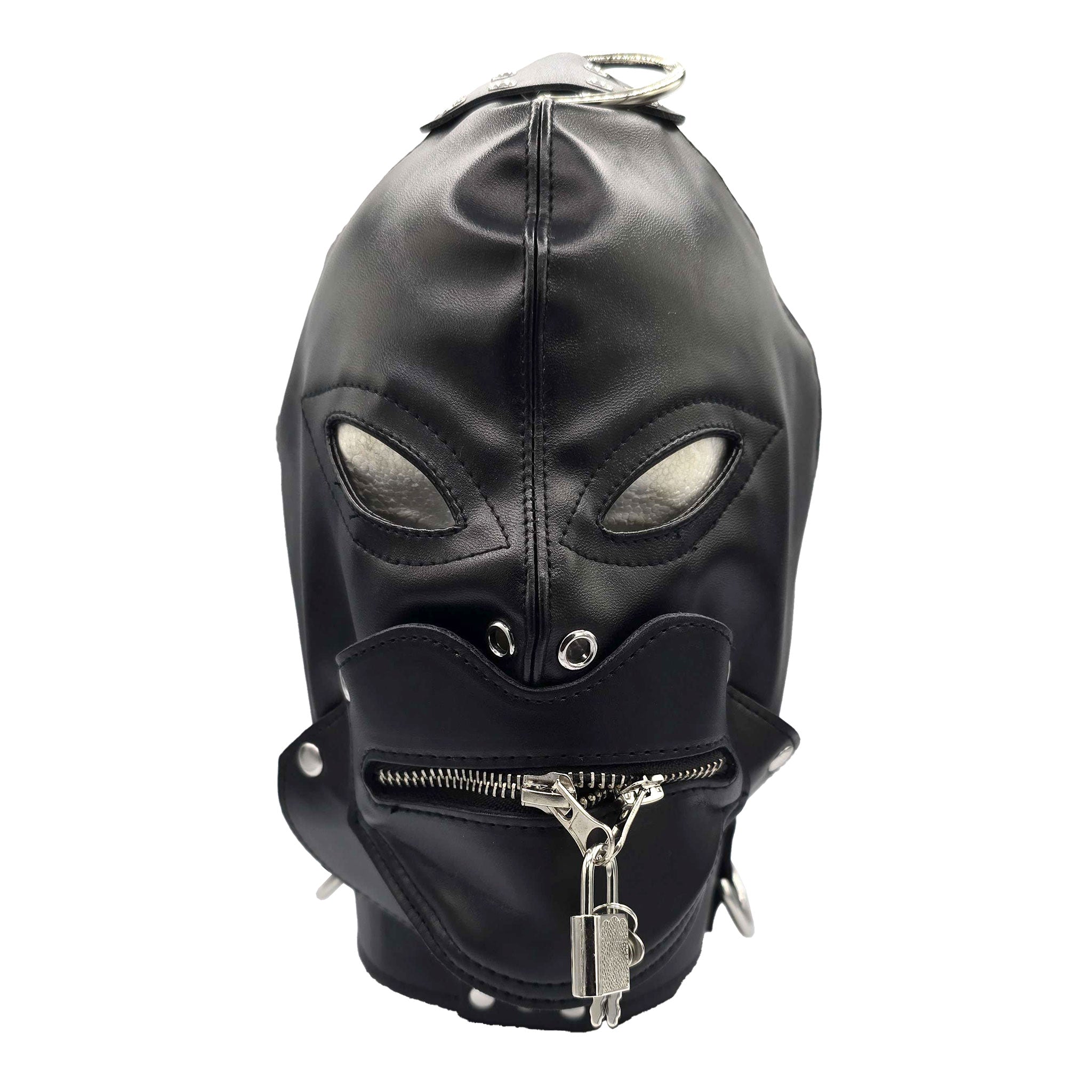 PVC vinyl hood mask anatomical adjustable buckle lace-up mouth cover removable snap-button zip zipper locking lockable padlock bondage bdsm bdsm-gear kink kinky play accessories black