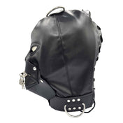 PVC vinyl hood mask anatomical adjustable buckle lace-up mouth cover removable snap-button zip zipper locking lockable padlock bondage bdsm bdsm-gear kink kinky play accessories black