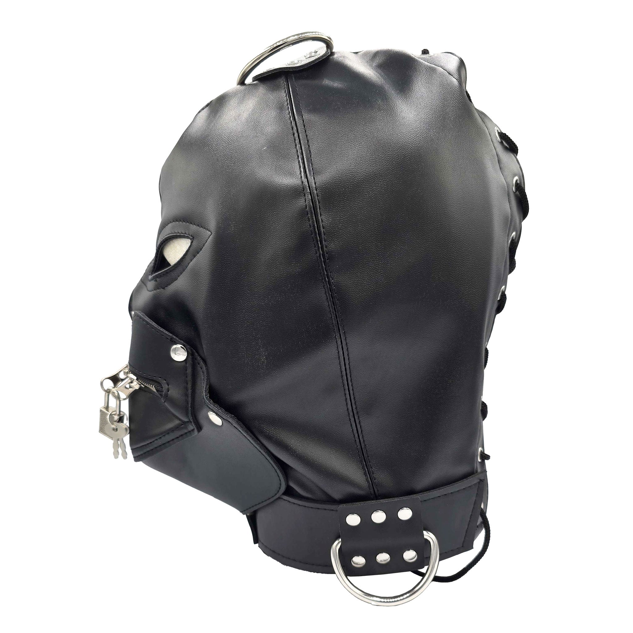 PVC vinyl hood mask anatomical adjustable buckle lace-up mouth cover removable snap-button zip zipper locking lockable padlock bondage bdsm bdsm-gear kink kinky play accessories black
