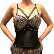 Polyester cotton cotton-twill plastic nylon-cording tops corset cincher lace-up laceup boning spiral-bones side-zip zipper modesty-panel overbust over-bust padded-cups cupped garter-loops spikes hanging-spikes dangling-spikes fetish fashion alt-fashion bdsm bdsm-gear kink kinky club clubbing clubwear party female femme feminine women black chrome