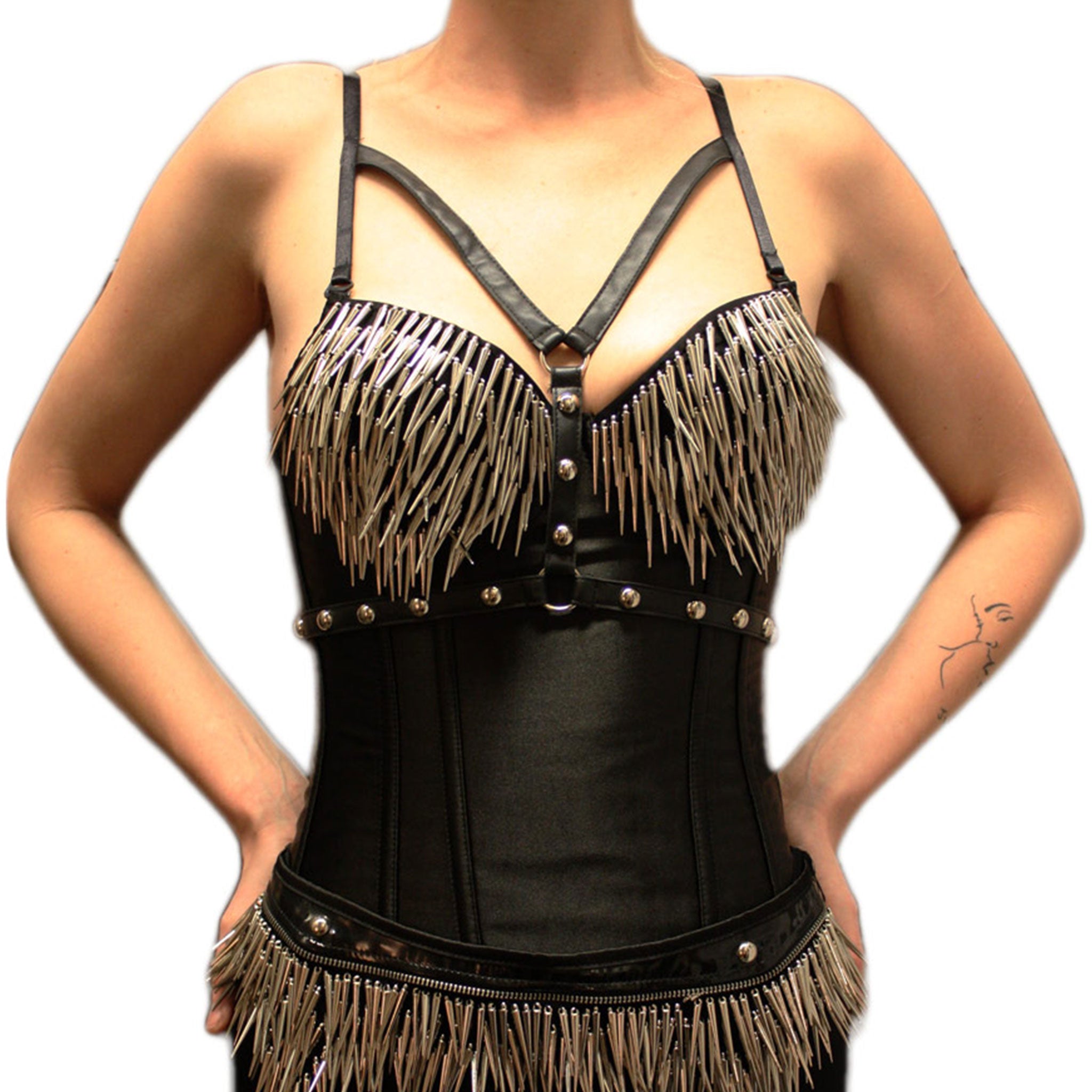 Polyester cotton cotton-twill plastic nylon-cording tops corset cincher lace-up laceup boning spiral-bones side-zip zipper modesty-panel overbust over-bust padded-cups cupped garter-loops spikes hanging-spikes dangling-spikes fetish fashion alt-fashion bdsm bdsm-gear kink kinky club clubbing clubwear party female femme feminine women black chrome