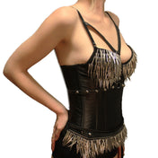 Polyester cotton cotton-twill plastic nylon-cording tops corset cincher lace-up laceup boning spiral-bones side-zip zipper modesty-panel overbust over-bust padded-cups cupped garter-loops spikes hanging-spikes dangling-spikes fetish fashion alt-fashion bdsm bdsm-gear kink kinky club clubbing clubwear party female femme feminine women black chrome