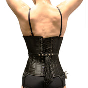 Polyester cotton cotton-twill plastic nylon-cording tops corset cincher lace-up laceup boning spiral-bones side-zip zipper modesty-panel overbust over-bust padded-cups cupped garter-loops spikes hanging-spikes dangling-spikes fetish fashion alt-fashion bdsm bdsm-gear kink kinky club clubbing clubwear party female femme feminine women black chrome