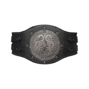 Leather faux-leather accessories belt wide-belt girdle kidney-belt jarl-belt armor circular-panel embossed elder-futhark runes triskelion triskele valknut snake sea-serpent dragon double-dragon adjustable buckle side-straps gap-panel rugged combat-ready comfortable fashion alt-fashion alternative punk goth gothic renaissance renfaire festival medieval fantasy roleplay role-play LARP nordic norse warrior barbarian adventurer viking costume cosplay halloween halloween-accessories unisex black