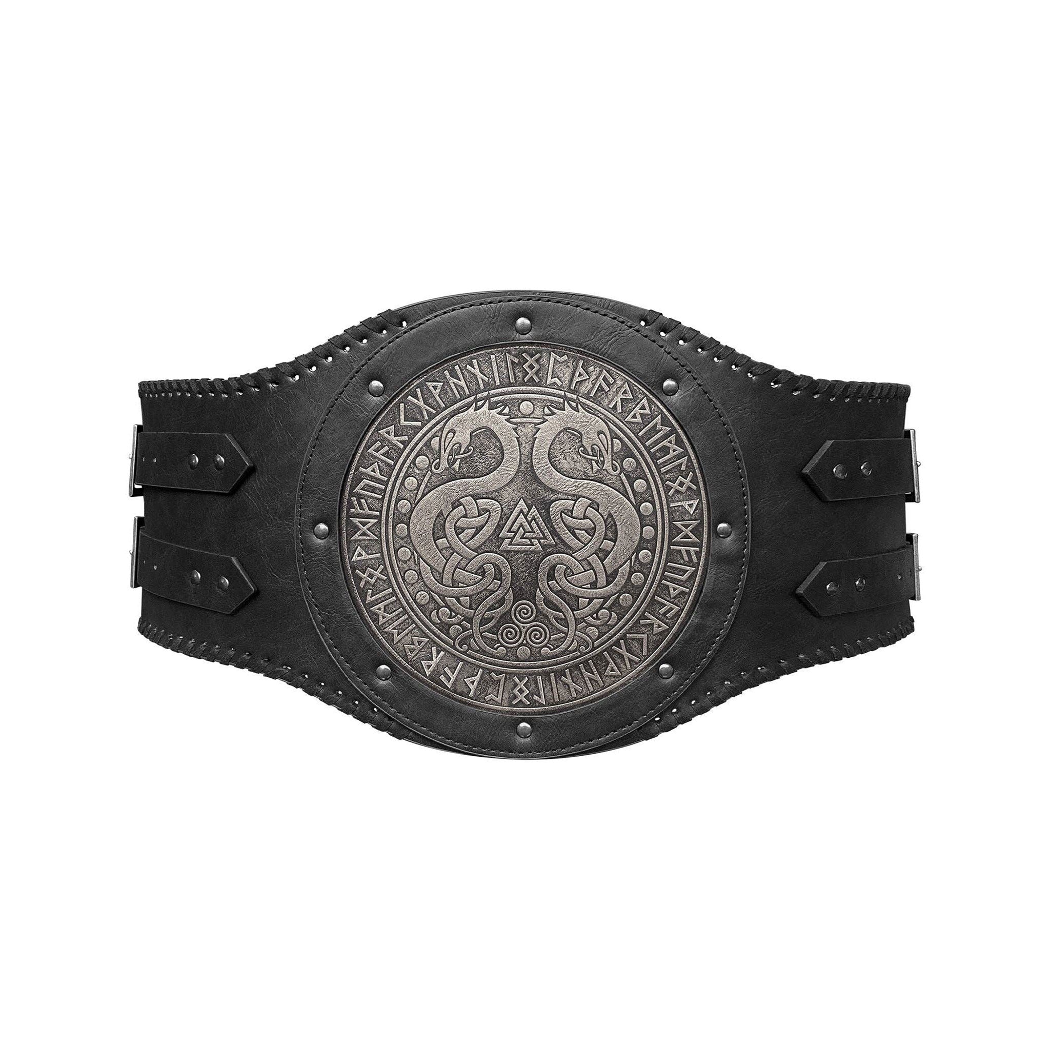 Leather faux-leather accessories belt wide-belt girdle kidney-belt jarl-belt armor circular-panel embossed elder-futhark runes triskelion triskele valknut snake sea-serpent dragon double-dragon adjustable buckle side-straps gap-panel rugged combat-ready comfortable fashion alt-fashion alternative punk goth gothic renaissance renfaire festival medieval fantasy roleplay role-play LARP nordic norse warrior barbarian adventurer viking costume cosplay halloween halloween-accessories unisex black
