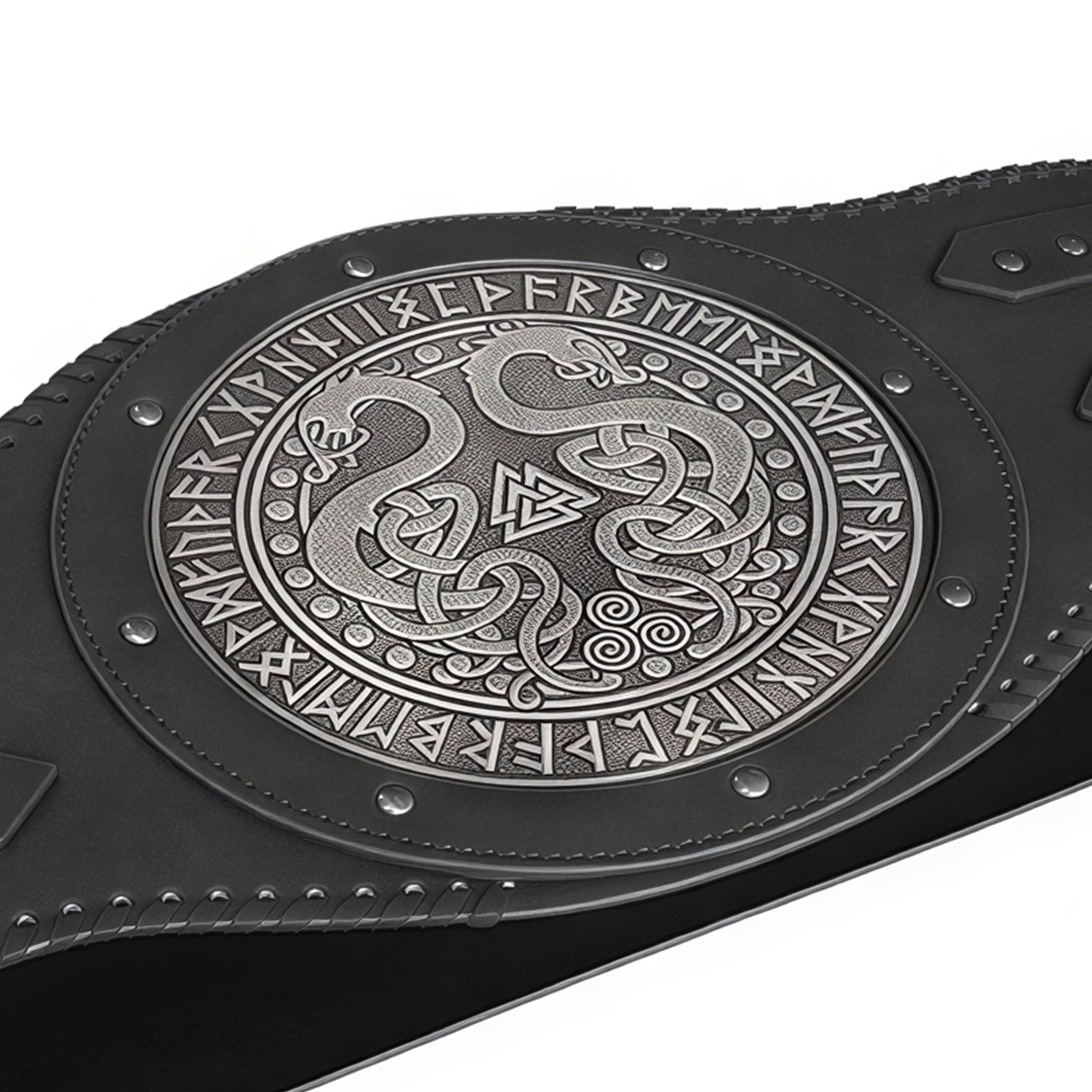 Leather faux-leather accessories belt wide-belt girdle kidney-belt jarl-belt armor circular-panel embossed elder-futhark runes triskelion triskele valknut snake sea-serpent dragon double-dragon adjustable buckle side-straps gap-panel rugged combat-ready comfortable fashion alt-fashion alternative punk goth gothic renaissance renfaire festival medieval fantasy roleplay role-play LARP nordic norse warrior barbarian adventurer viking costume cosplay halloween halloween-accessories unisex black