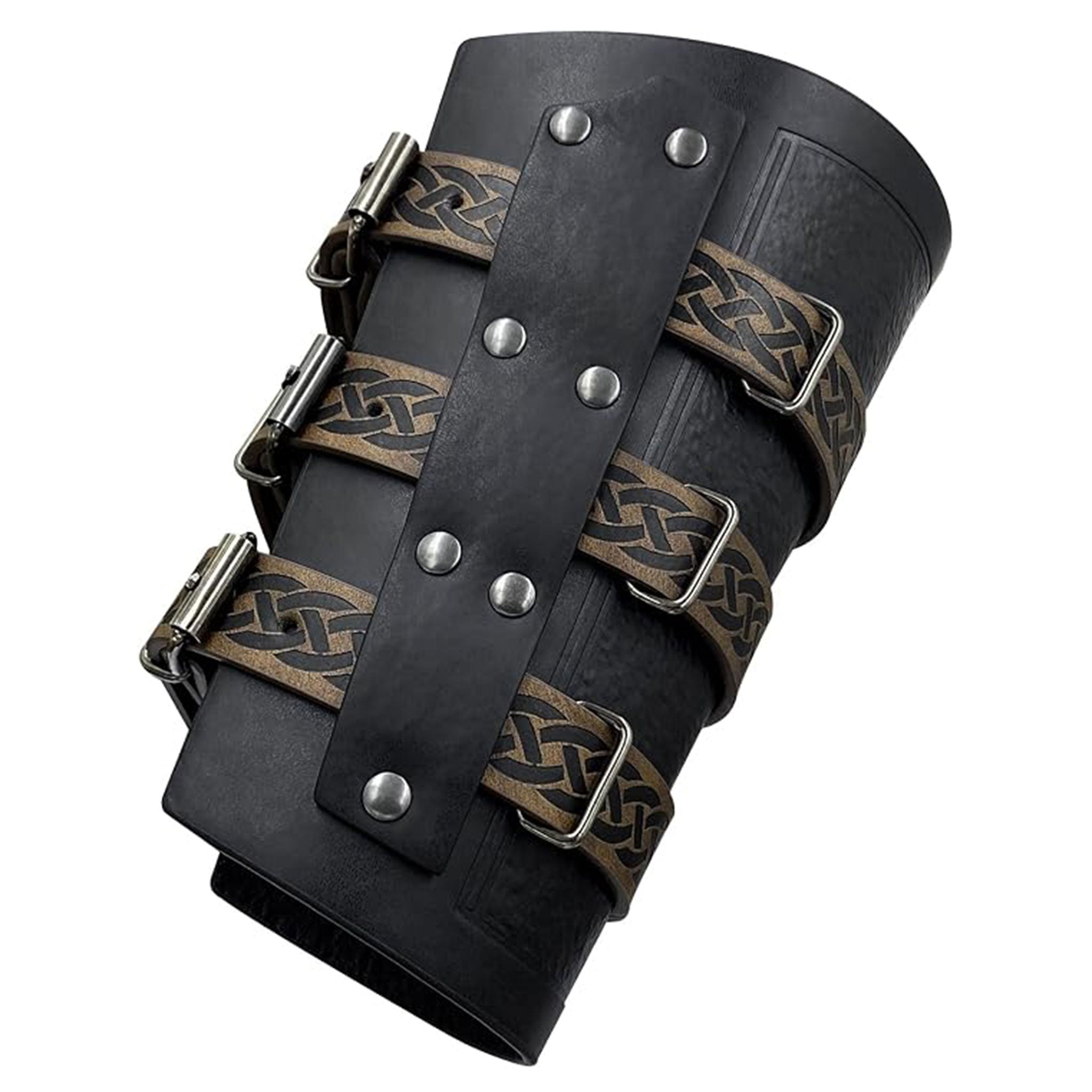 Leather faux-leather accessories arm-gear gauntlet arm-guard embossed adjustable buckle celtic-knot durable slim-fit functional stylish ergonomic fetish fashion alt-fashion alternative punk goth gothic festival renaissance renfaire medieval fantasy reenactment LARP nordic celtic roleplay role-play warrior knight barbarian adventurer costume cosplay halloween halloween-accessories halloween-costumes unisex black